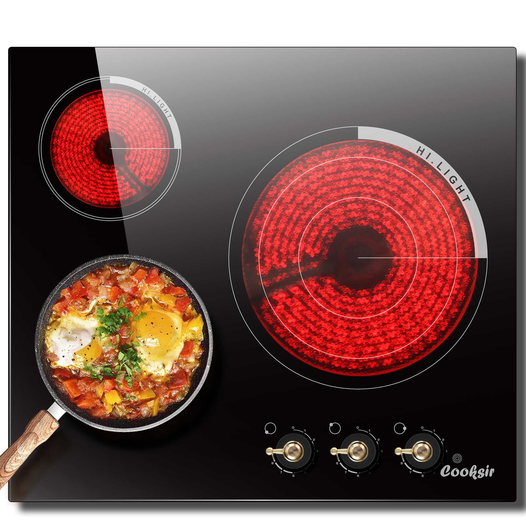 24 Inch Electric Cooktop - 3 Burner Built-in Stove Top 5700W with 9 Heating Levels | Knob Control & Over-Temperature Protection | 220-240V Hard Wired (No Plug) | Perfect for Home Kitchen, RV & Small Spaces
