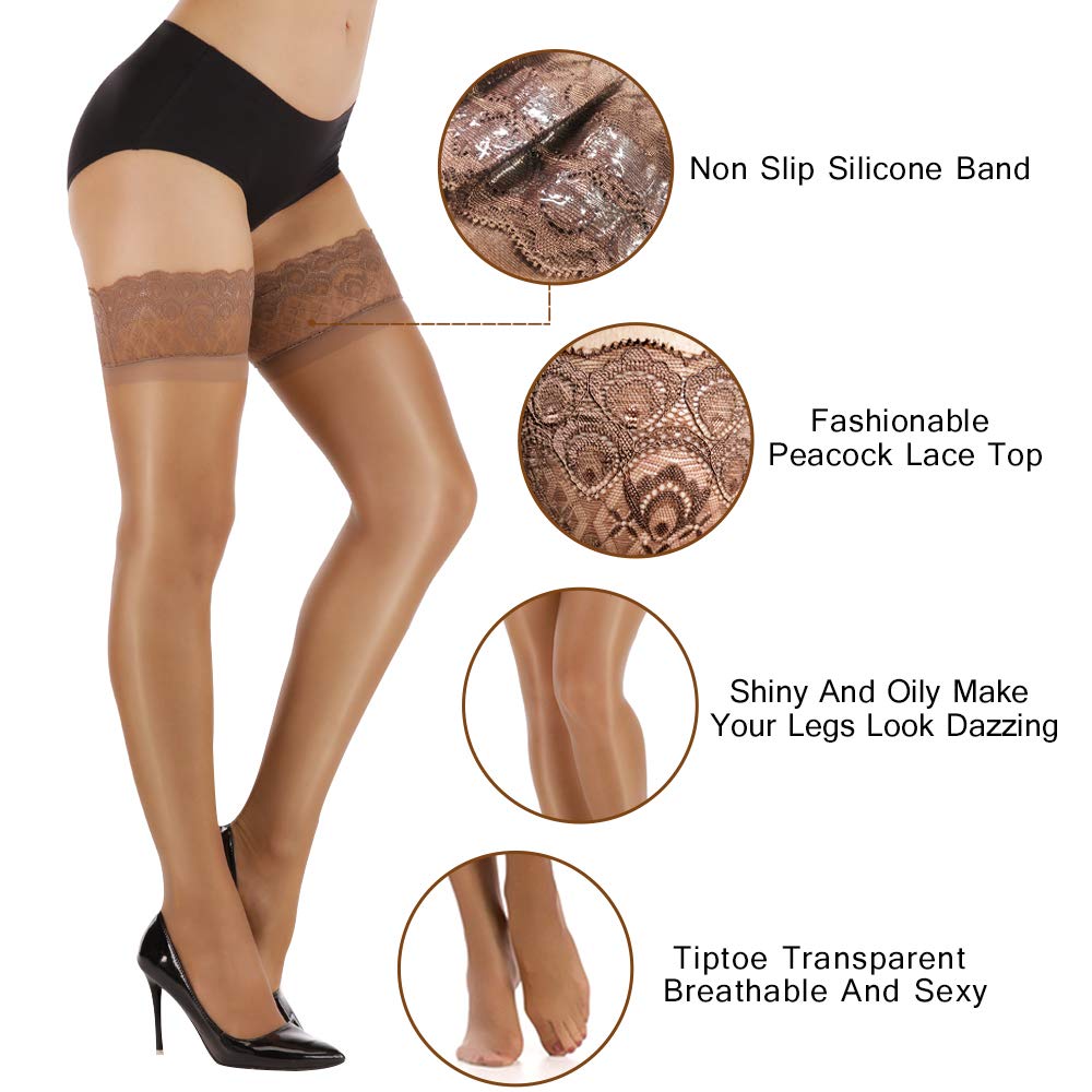 ARRUSA Shiny Nylon Thigh High Stockings for Women - Ultra Shimmery Lace Top with Silicone Band Stay-Up Tights, Sheer Pantyhose for Party, Date Night & Special Occasions