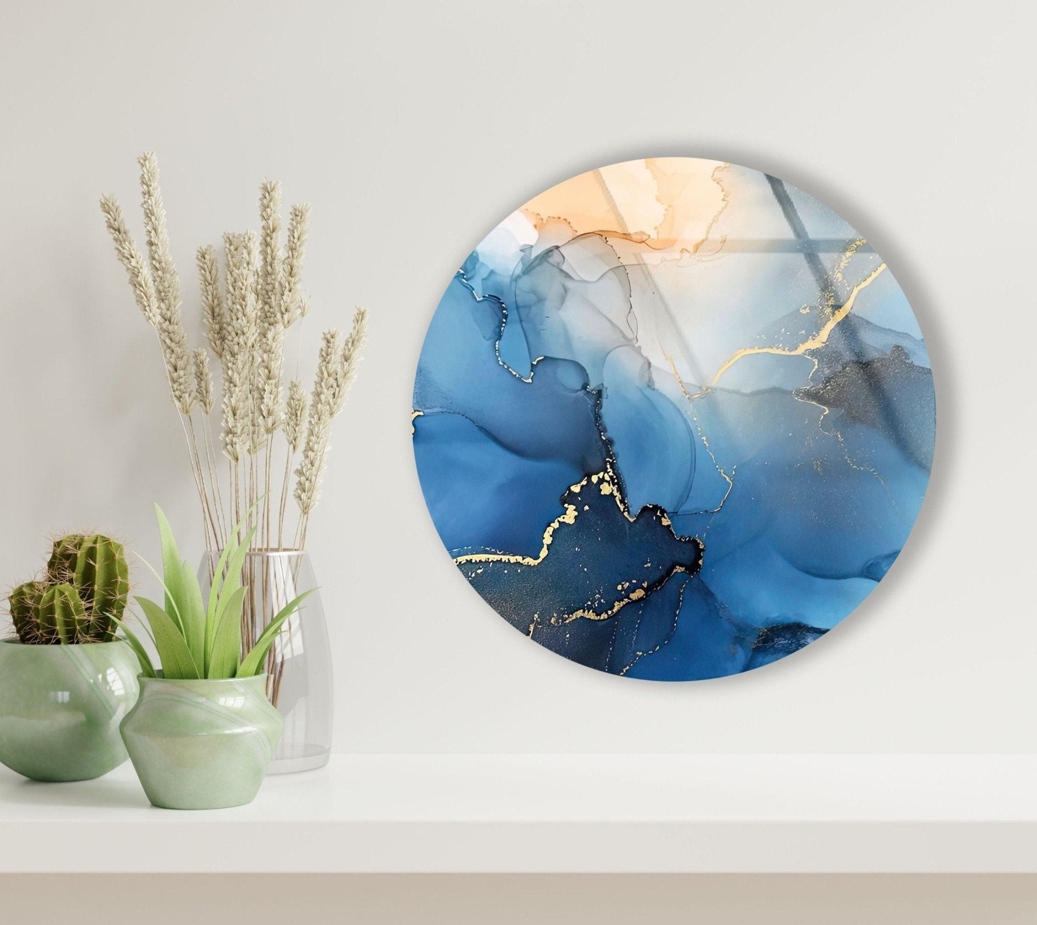 Abstract Round Blue Alcohol Ink Glass Wall Art - Handmade Modern Home Decor for Living Room, Bedroom & Office - Unique Gift Idea for Housewarming & Holidays