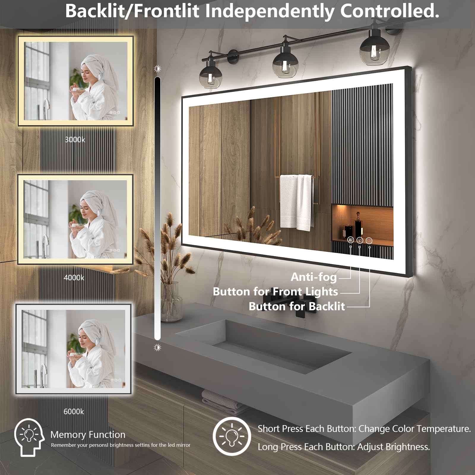 48x32 Inch LED Backlit Bathroom Mirror with Dimmable Front Lights - Anti-Fog, Memory Function (Horizontal/Vertical) - Perfect for Vanity, Makeup, Shaving & Home Decor