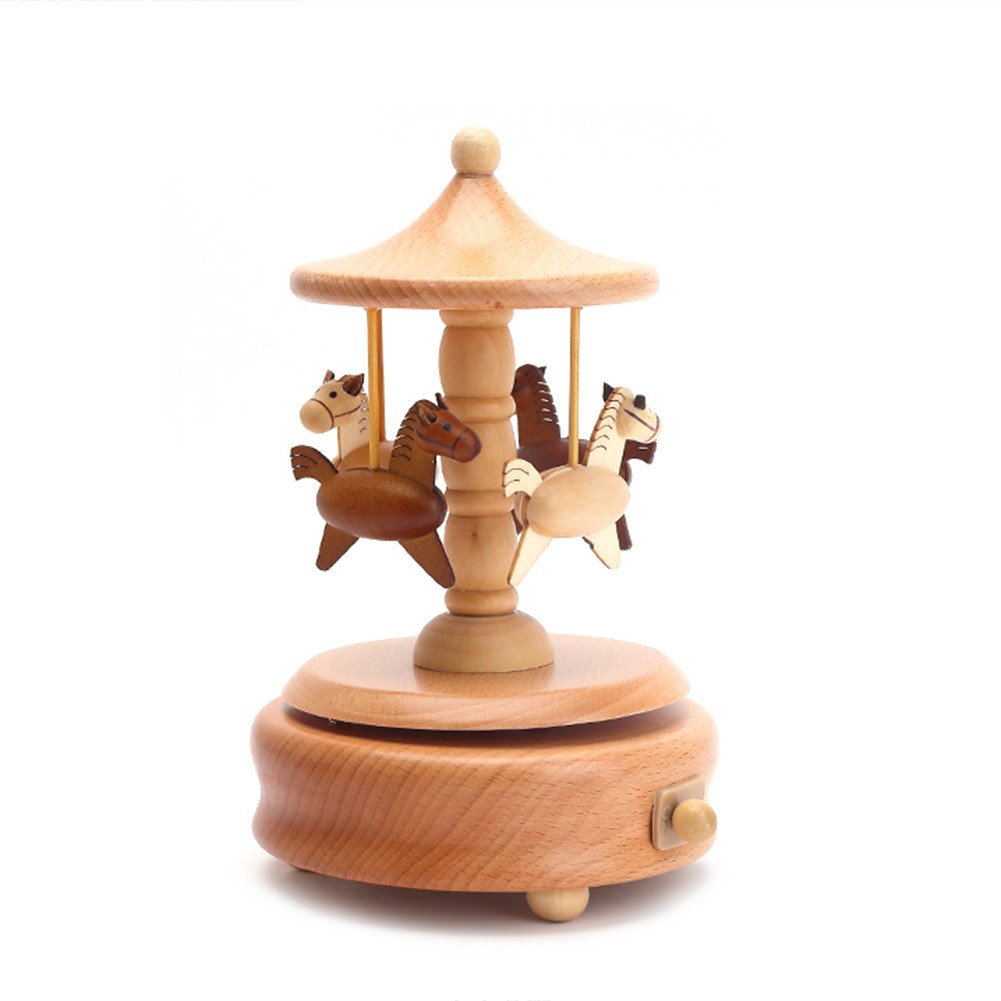 Vintage Wooden Carousel Music Box - Hand Crank Wind Up Musical Gift for Birthdays, Christmas, Anniversaries - Perfect for Lovers, Friends & Kids | Romantic Home Decor & Nursery Room Accessory