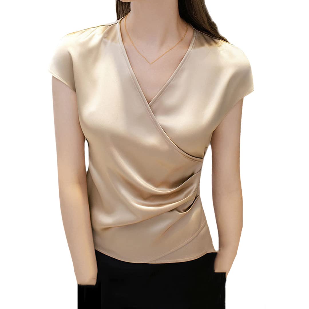 Women's V-Neck Short Sleeve Silk T-Shirt - Summer Satin Chiffon Blouse for Work & Office | Casual Wear, Business Attire, and Special Occasions