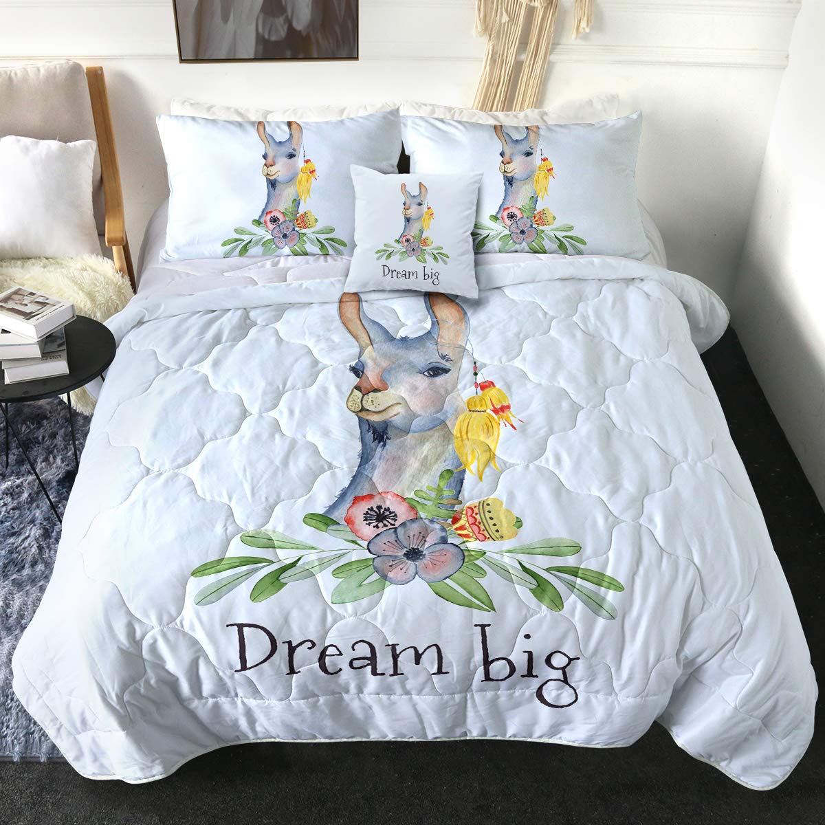 Sleepwish 4-Piece Llama Comforter Set Twin Size - Soft Alpaca Quilt Bedspread with 2 Pillow Shams & Cushion Cover - Cartoon Bedding for Teens & Kids - Perfect for Cozy Bedrooms, Dorm Rooms & Sleepovers