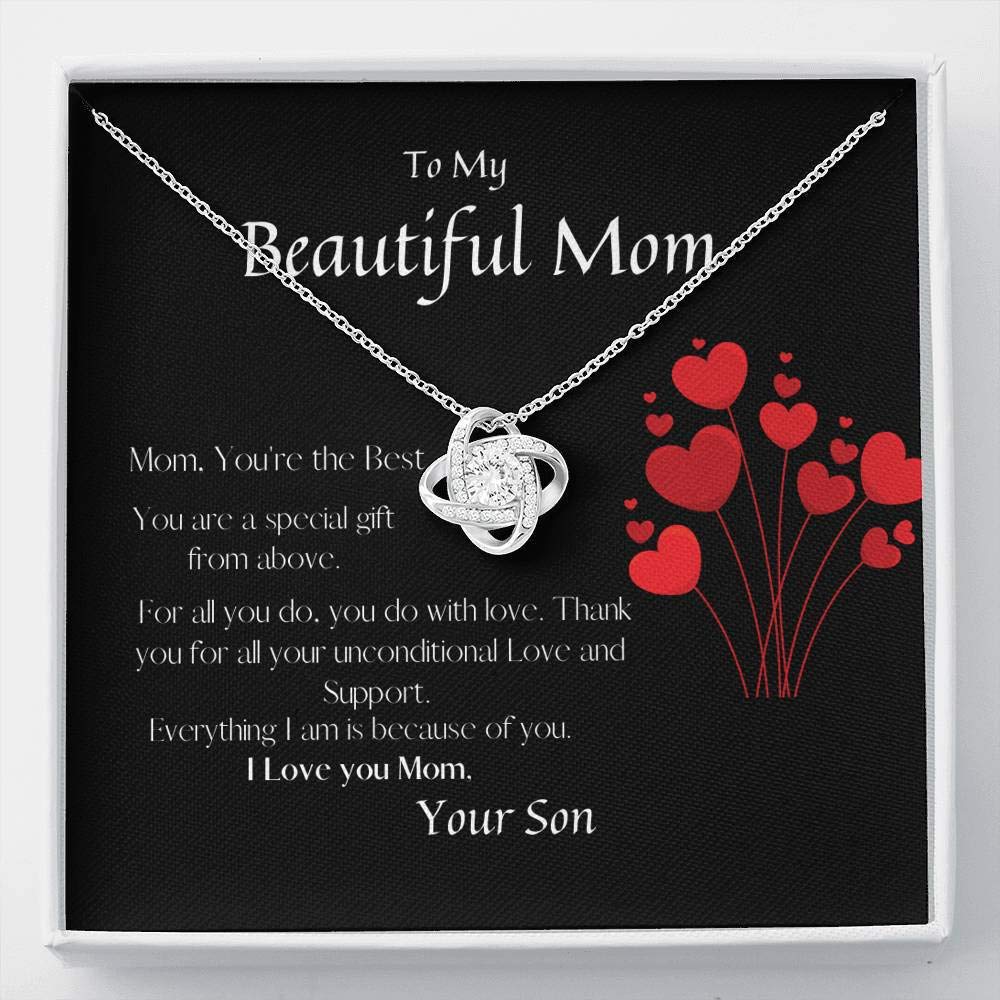 Mom Love Knot Necklace - Personalized Mother's Birthday Gift from Son with Luxury Mahogany Box | Thoughtful Thank You Present for Mom, Grandma & Special Women | Perfect for Mother's Day, Christmas & Anniversary Celebrations