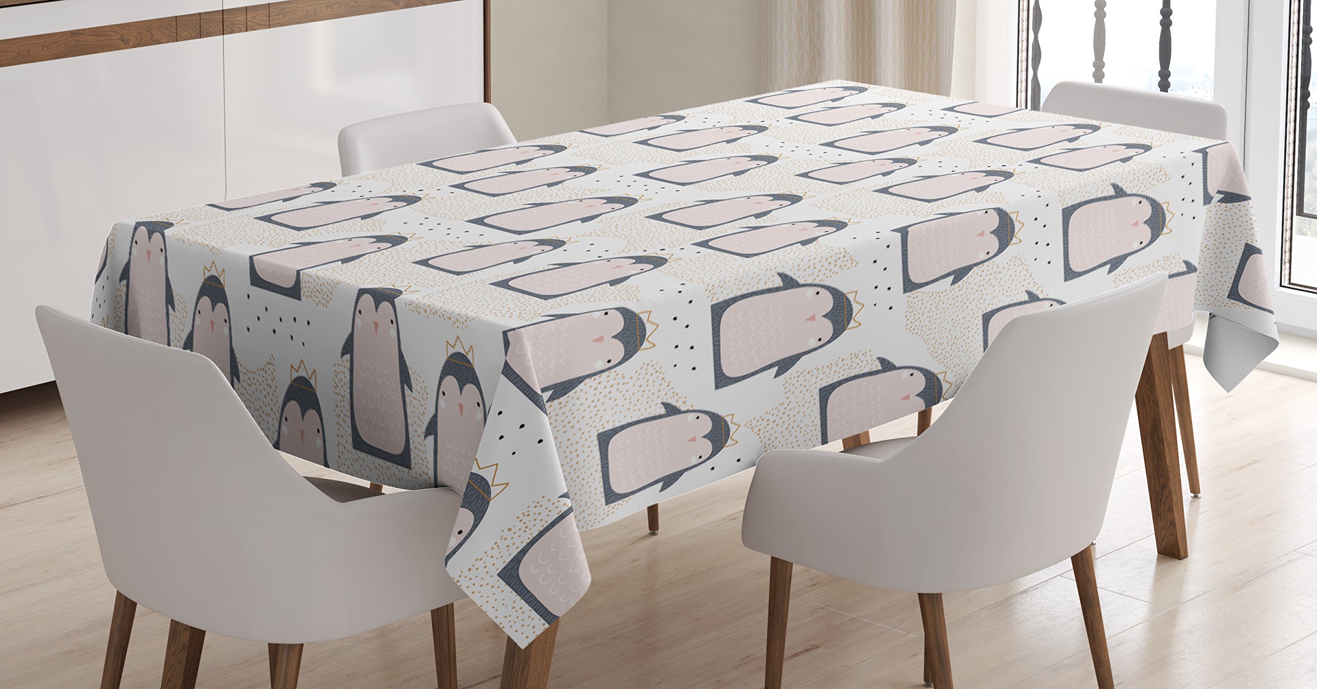 Ambesonne Penguin Tablecloth – Pastel Cartoon Antarctic Animals with Crowns on Dotted Background, Grey Pink Rectangular Table Cover 60x84 Inches for Dining Room & Kitchen Decor – Perfect for Holiday Parties, Family Gatherings and Themed Events