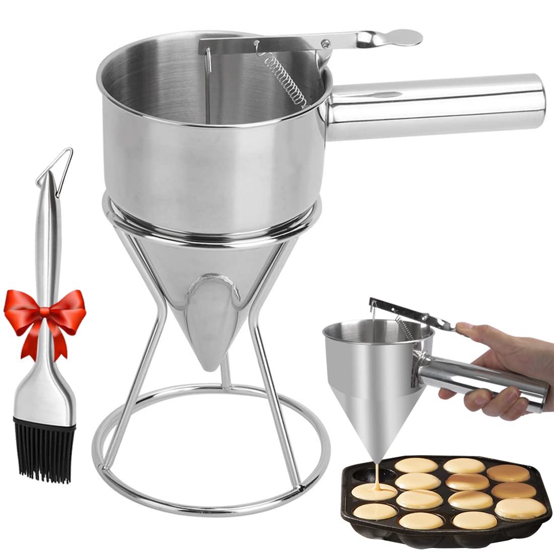 KAYCROWN 1200ml Stainless Steel Pancake Batter Dispenser with Stand & Basting Brush - Perfect for Cupcakes, Waffles, Takoyaki, Crepes, and Baking - Ideal for Breakfast, Desserts, and Party Food Preparation