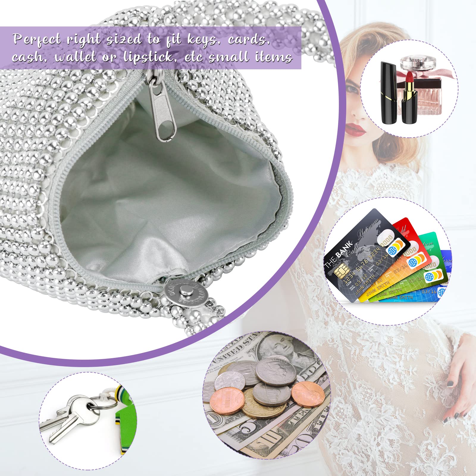 Hysagtek Silver Rhinestone Purse for Women - Small Sparkly Evening Clutch Bag - Mini Size Glittery Handbag for Party, Wedding, Prom & Special Occasions