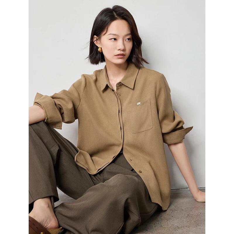 Women's Beige Workwear Blouse - Soft Brushed Long Sleeve Office Shirt with Turn Down Collar | Professional Business Attire for Autumn & Winter | Perfect for Office, Meetings & Formal Events