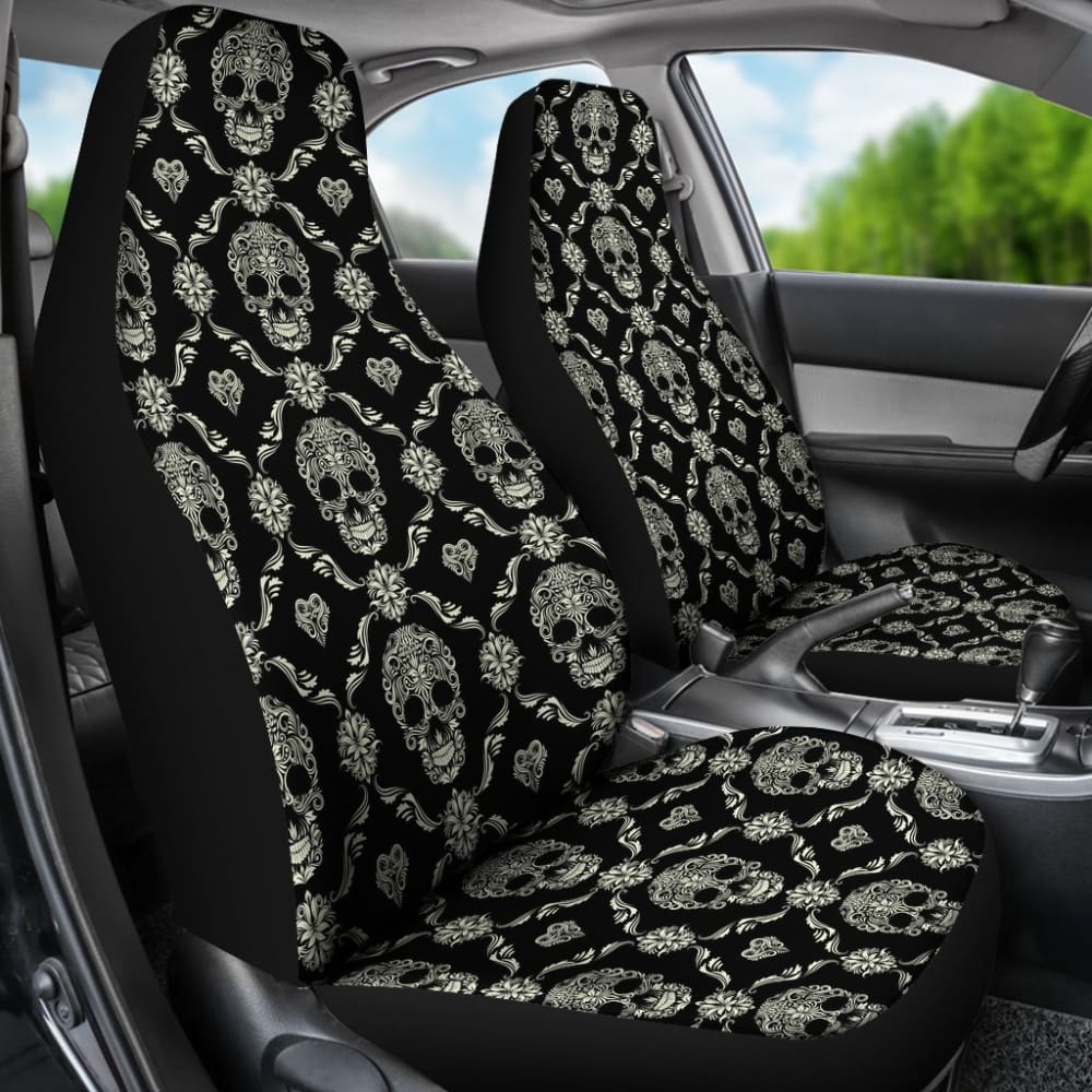 2 Pcs Floral Sugar Skull Car Seat Covers - Day of The Dead Design for Front Seats - Perfect for Halloween, Dia de Los Muertos Celebrations & Car Decorations