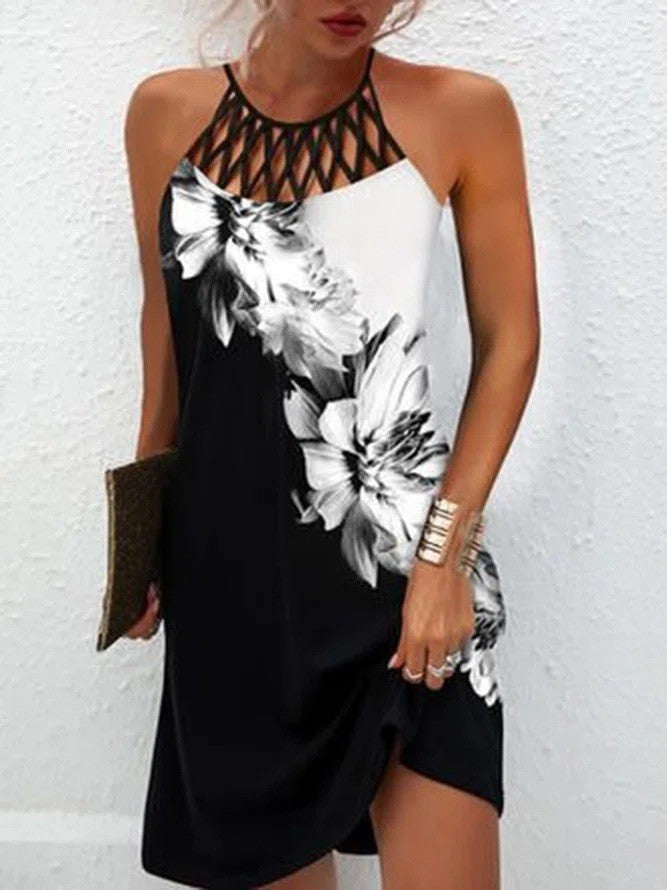 Women's Fashion Print Casual Halterneck Dress - Summer Flowy Beach Dress for Vacation, Party & Outdoor Activities