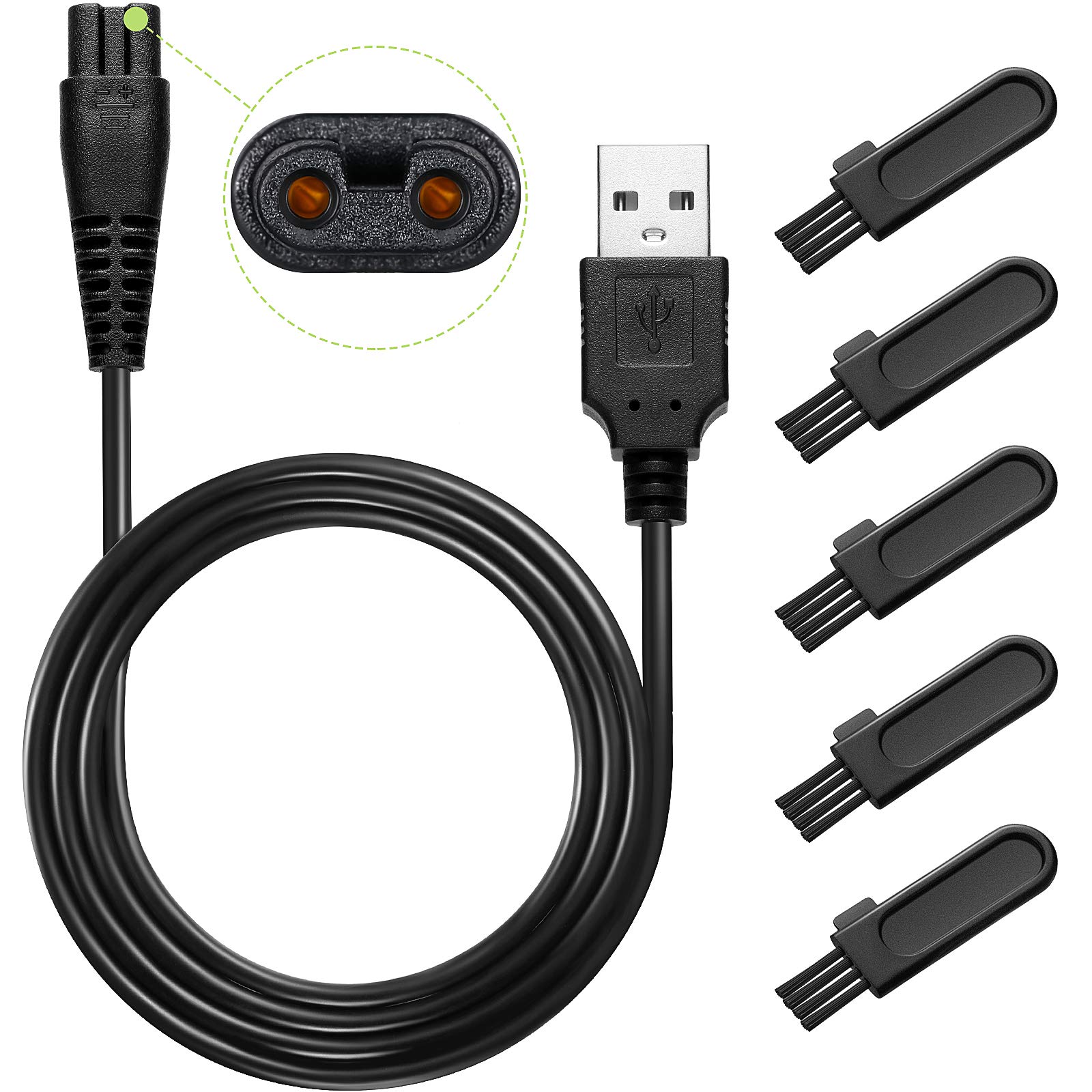 Honoson Electric Shaver Replacement Charger & 5-Piece Cleaning Brush Set - USB Power Cord for Head Shavers & Clippers | Durable Charging Cable for Home & Travel Grooming