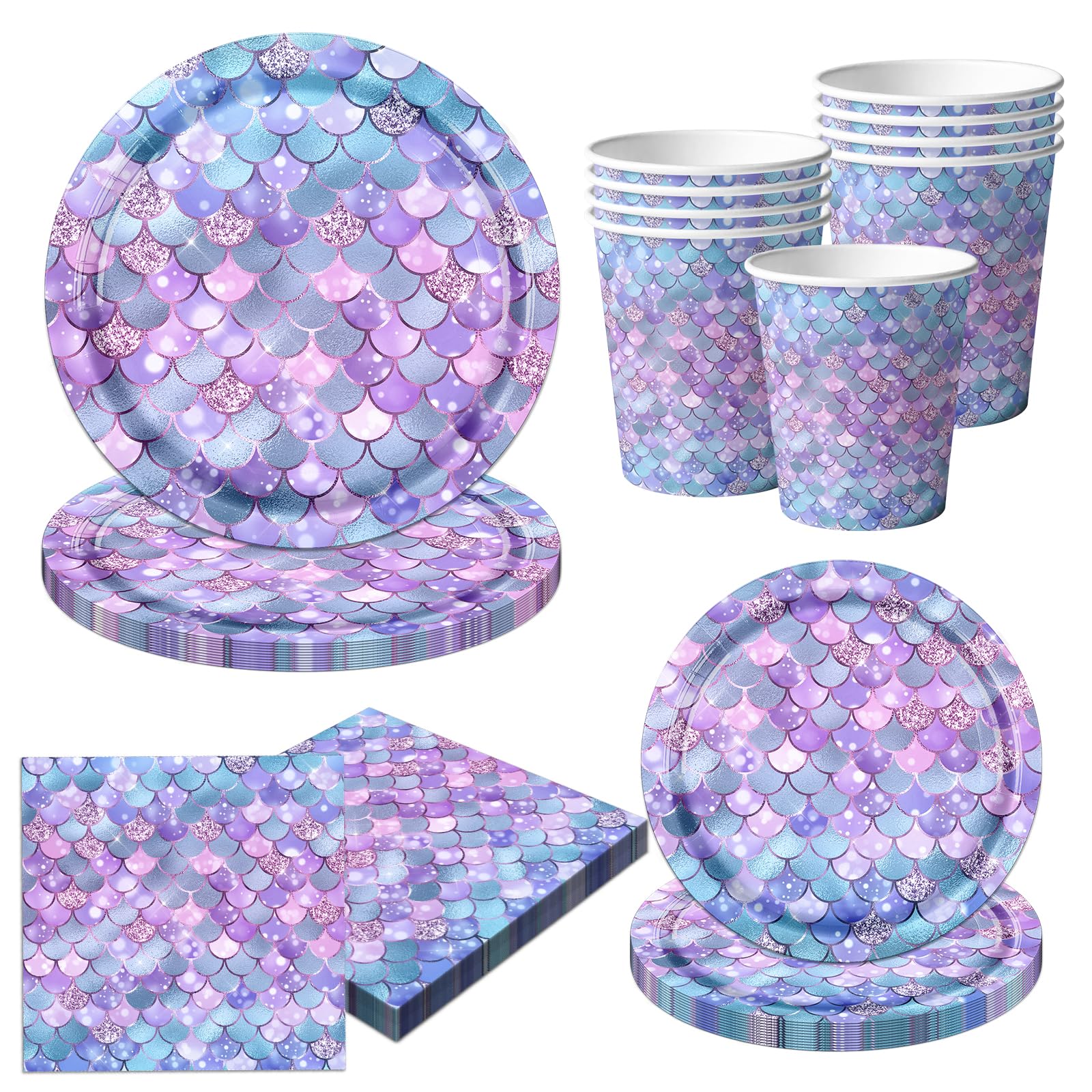 80Pcs Mermaid Party Tableware Set - Gray & Purple Little Mermaid Birthday Decorations, Disposable Plates & Napkins for Under The Sea Ocean Theme Party (Serves 20) - Perfect for Kids Birthday, Baby Shower & Themed Events