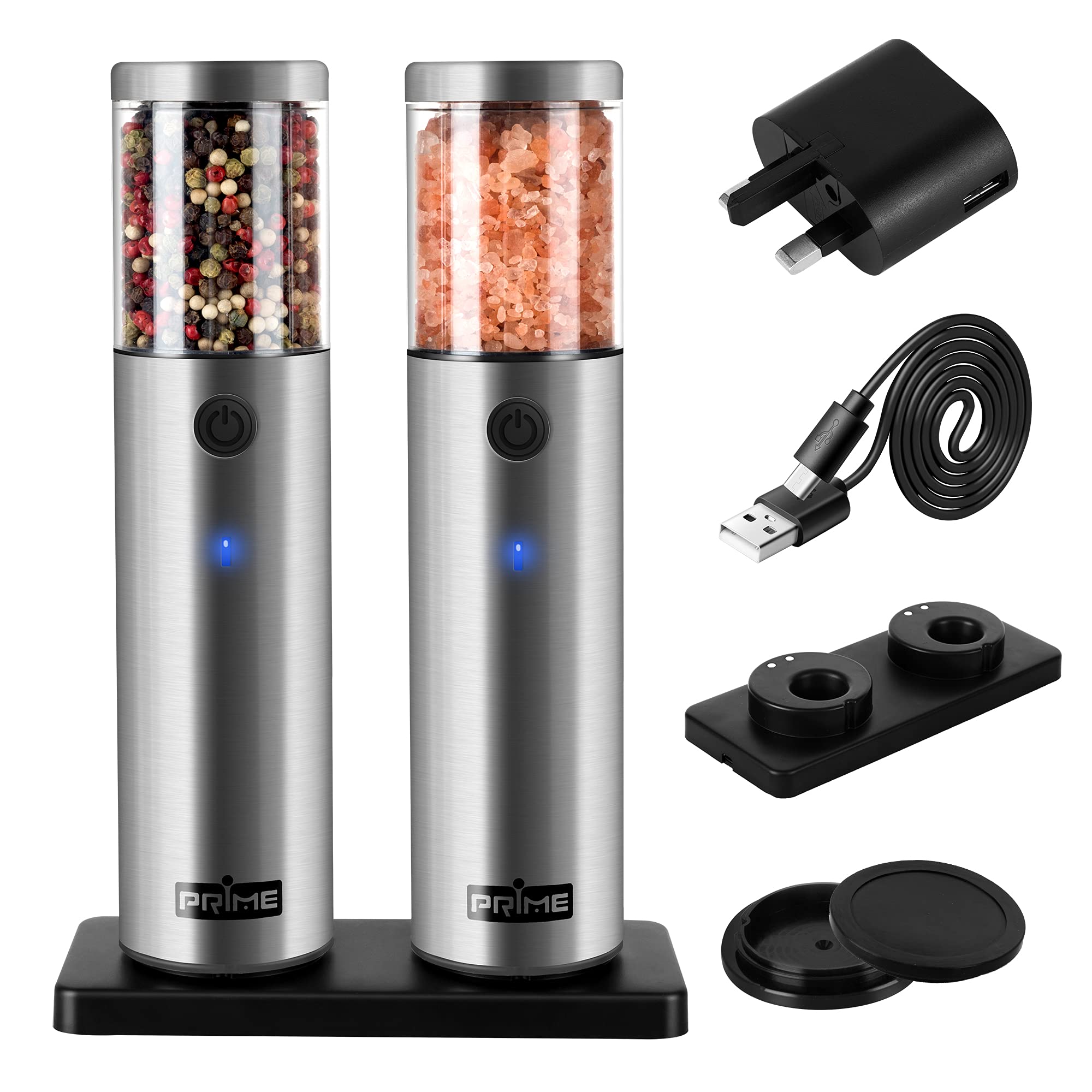 Premium Electric Salt and Pepper Grinder Set - 2 Rechargeable Mills with USB Charging Base, Adjustable Coarseness & Automatic Touch Control - Stainless Steel Kitchen Gadget for Cooking, Dining & Gourmet Meal Prep (UK 2.2)