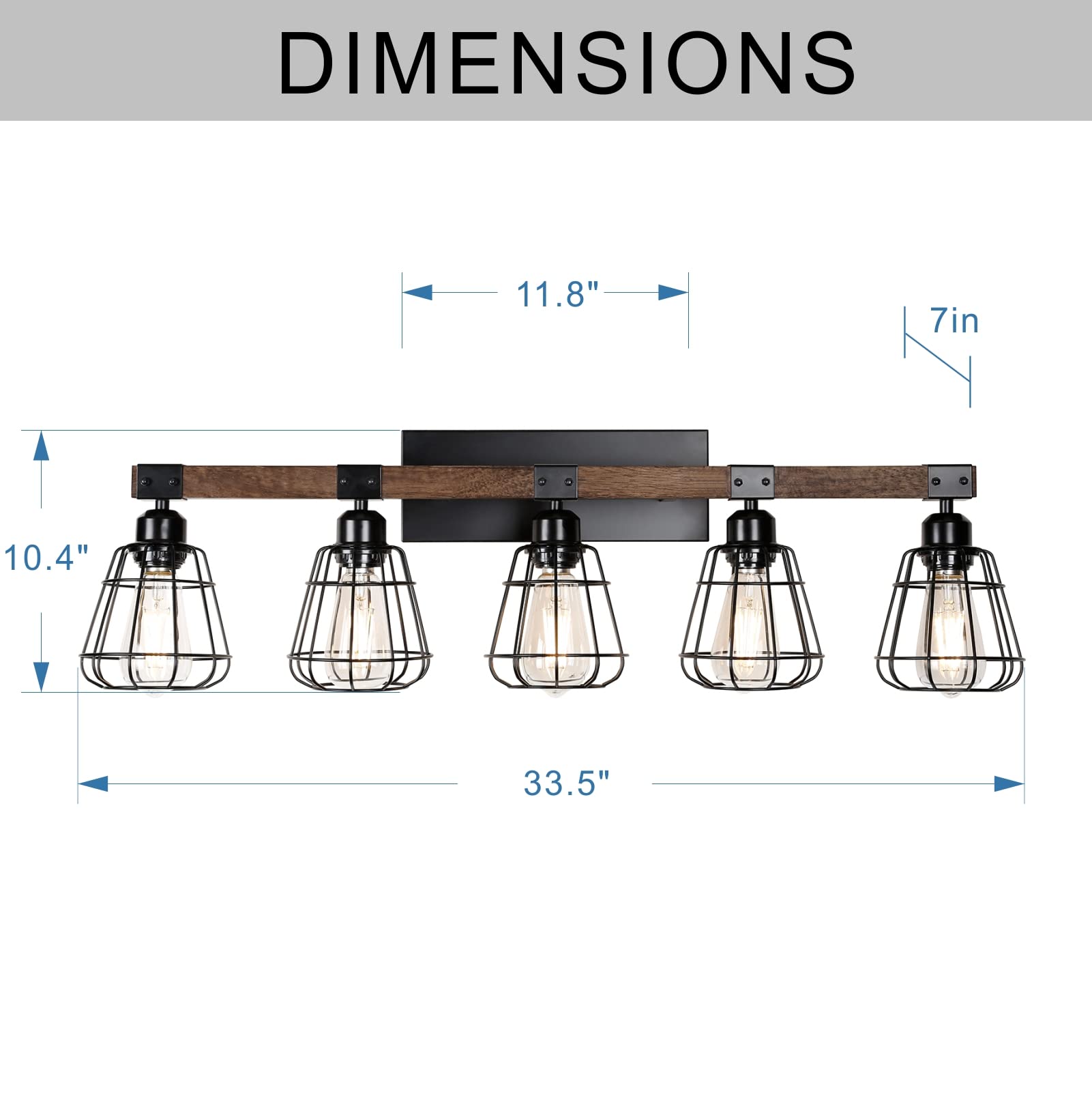 5-Light Modern Wall Sconce for Bathroom Vanity - Farmhouse Black Wood & Metal Cage Industrial Lighting - Perfect for Mirror Lighting, Powder Rooms, and Rustic Home Decor