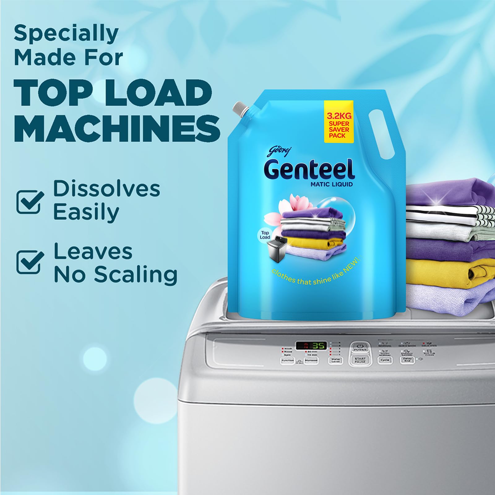 Genteel Matic Liquid Laundry Detergent Refill Pouch 3.2kg (7.05 lbs) - Top Load Washer Safe | No Soda Formula with Built-In Fabric Softener | Ideal for Large Families & Heavy Laundry Loads