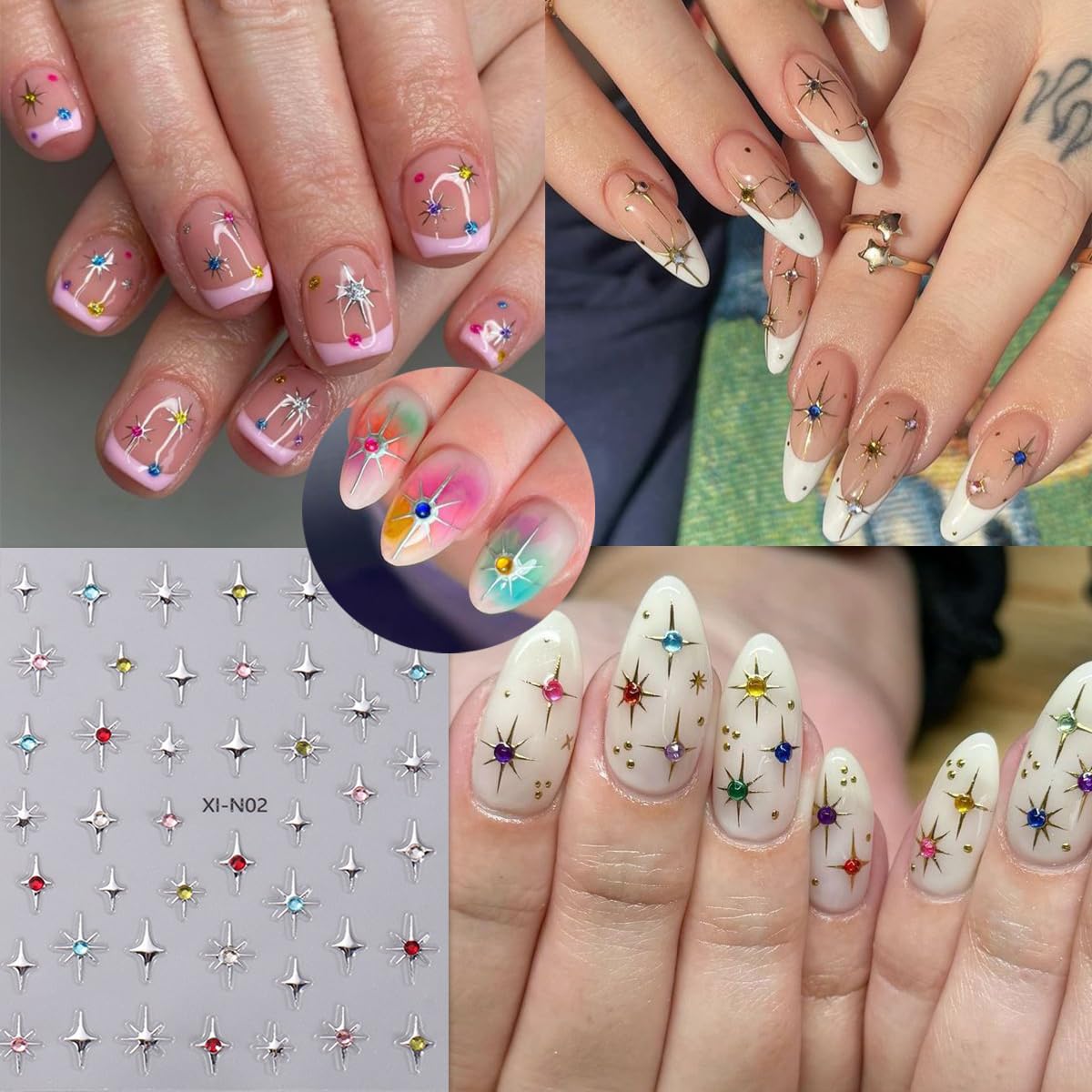 3D Glitter Star Nail Stickers - Self-Adhesive Nail Art Decals with Rhinestones (6Pcs, Gold/Silver/Black/White) | Perfect for Manicure, Nail Design & DIY Nail Art | Great for Parties, Weddings & Special Occasions