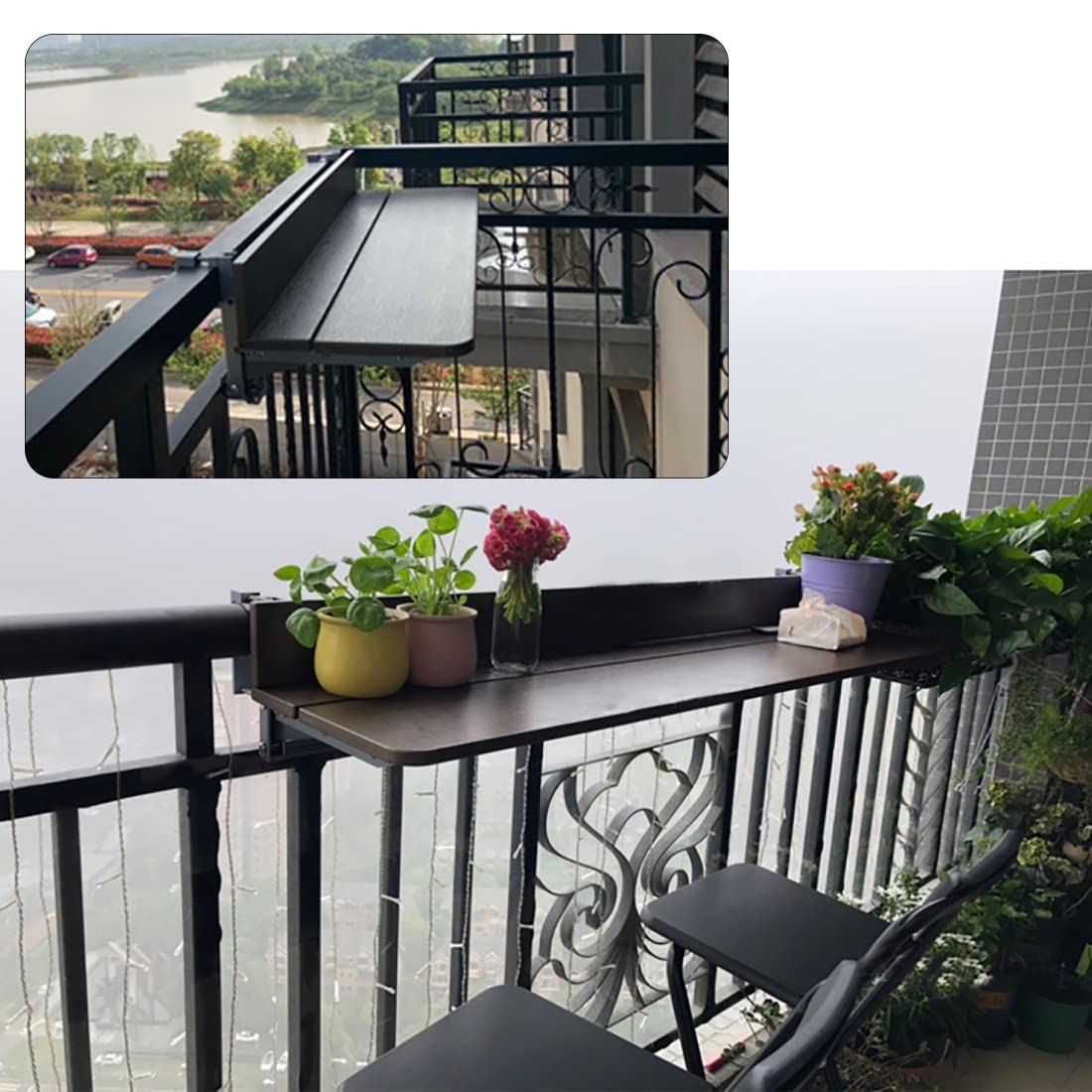 Portable Folding Side Table for Outdoor, Balcony & Patio - Adjustable Wall Mounted Hanging Railing Table with Liftable Desk (60x27cm/23.6x10.6in) - Perfect for Coffee, Gardening & Small Space Living