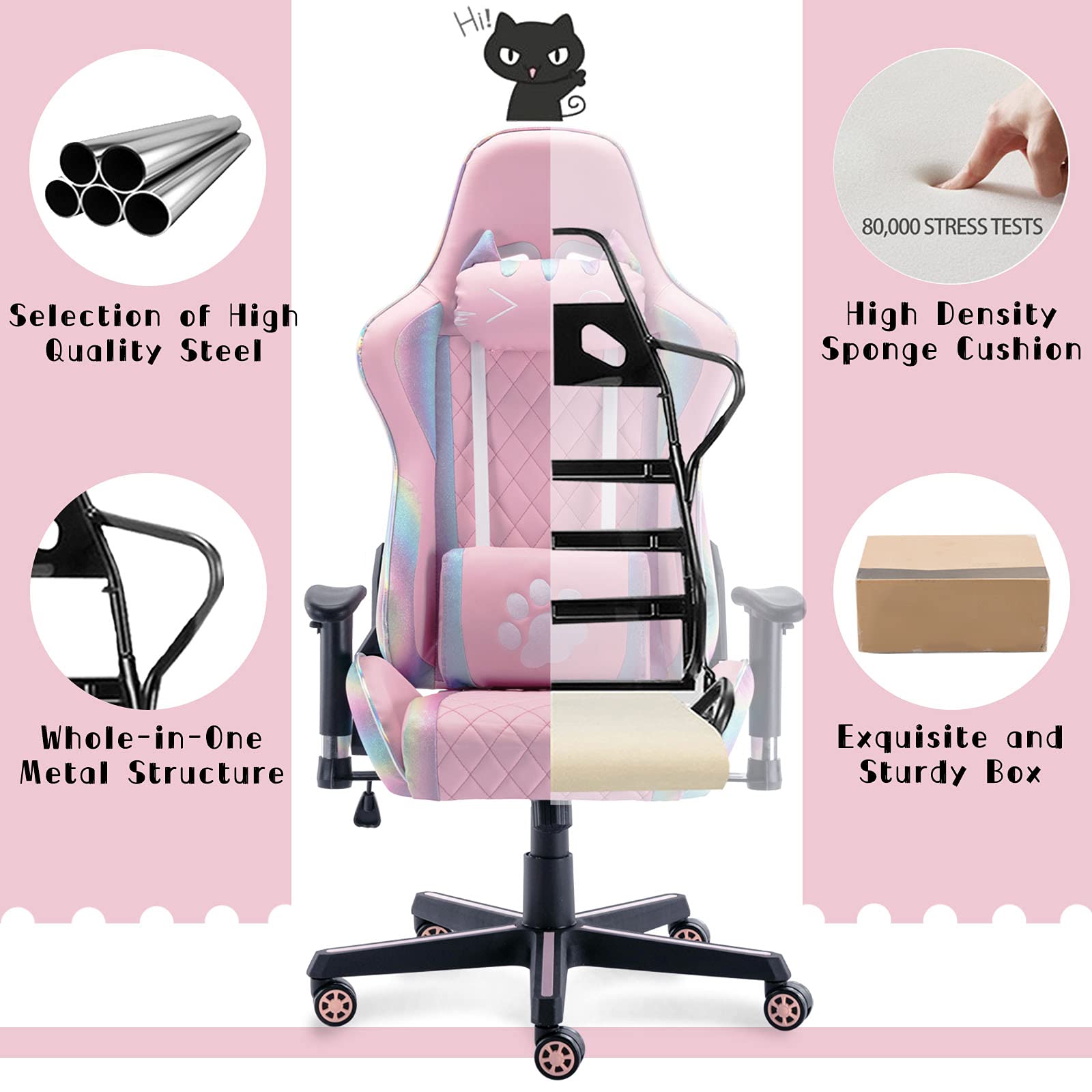 Ergonomic Pink Gaming Chair with Cute Cat Headrest & Lumbar Support - Comfortable Computer Desk Chair for Adults & Kids (Rainbow, Black Base) - Perfect for Home Office, Gaming Setup & Study Room