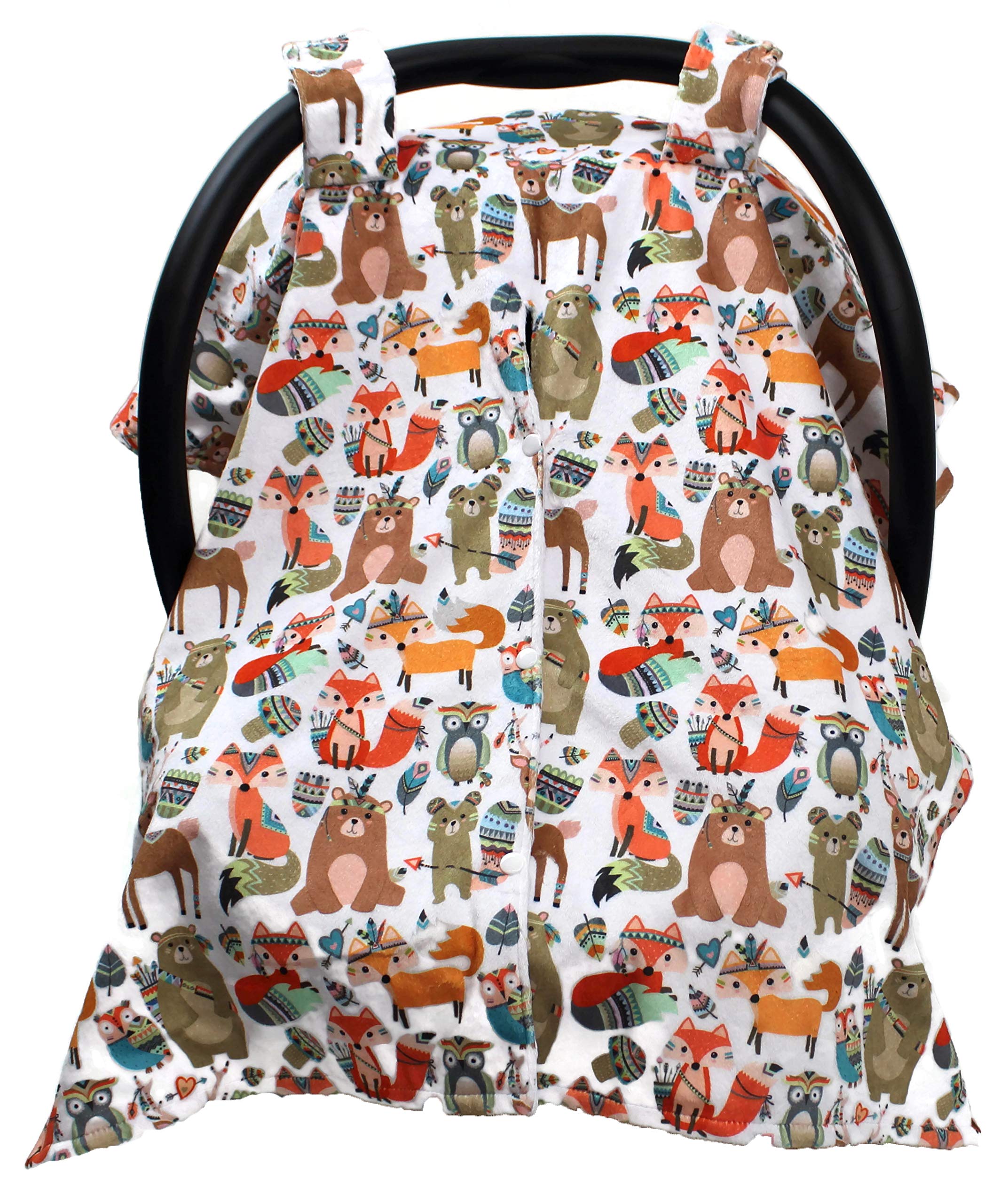 Dear Baby Gear Deluxe Baby Car Seat Canopy Cover - Tribal Woodland Forest Animals Print with White Dots | Perfect for Strollers, Shopping, and Outdoor Adventures