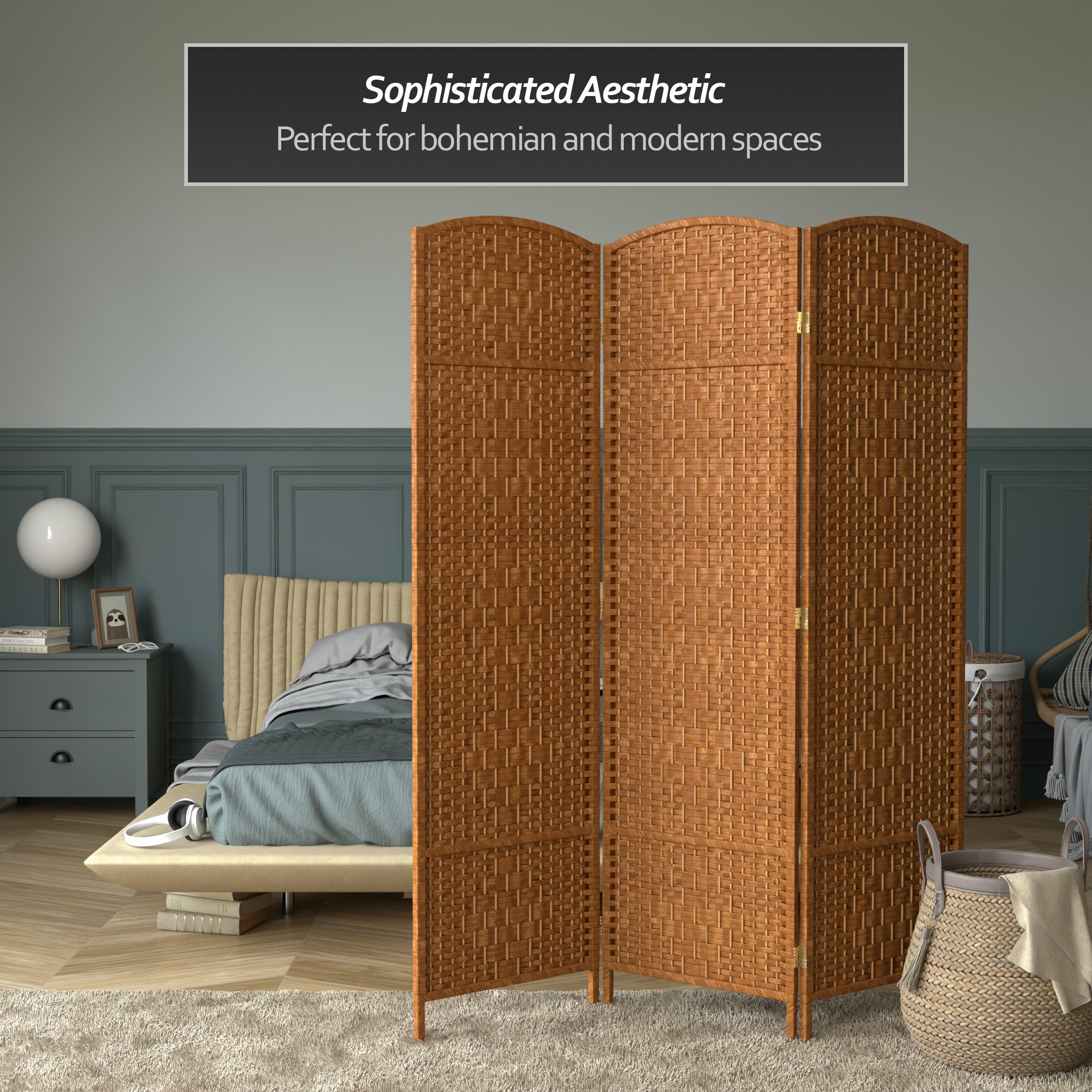 6 ft. Tall Diamond Weave Fiber Dark Beige Room Divider - 3 Panel Folding Privacy Screen for Home, Office, and Outdoor Use - Red Lantern Decorative Partition