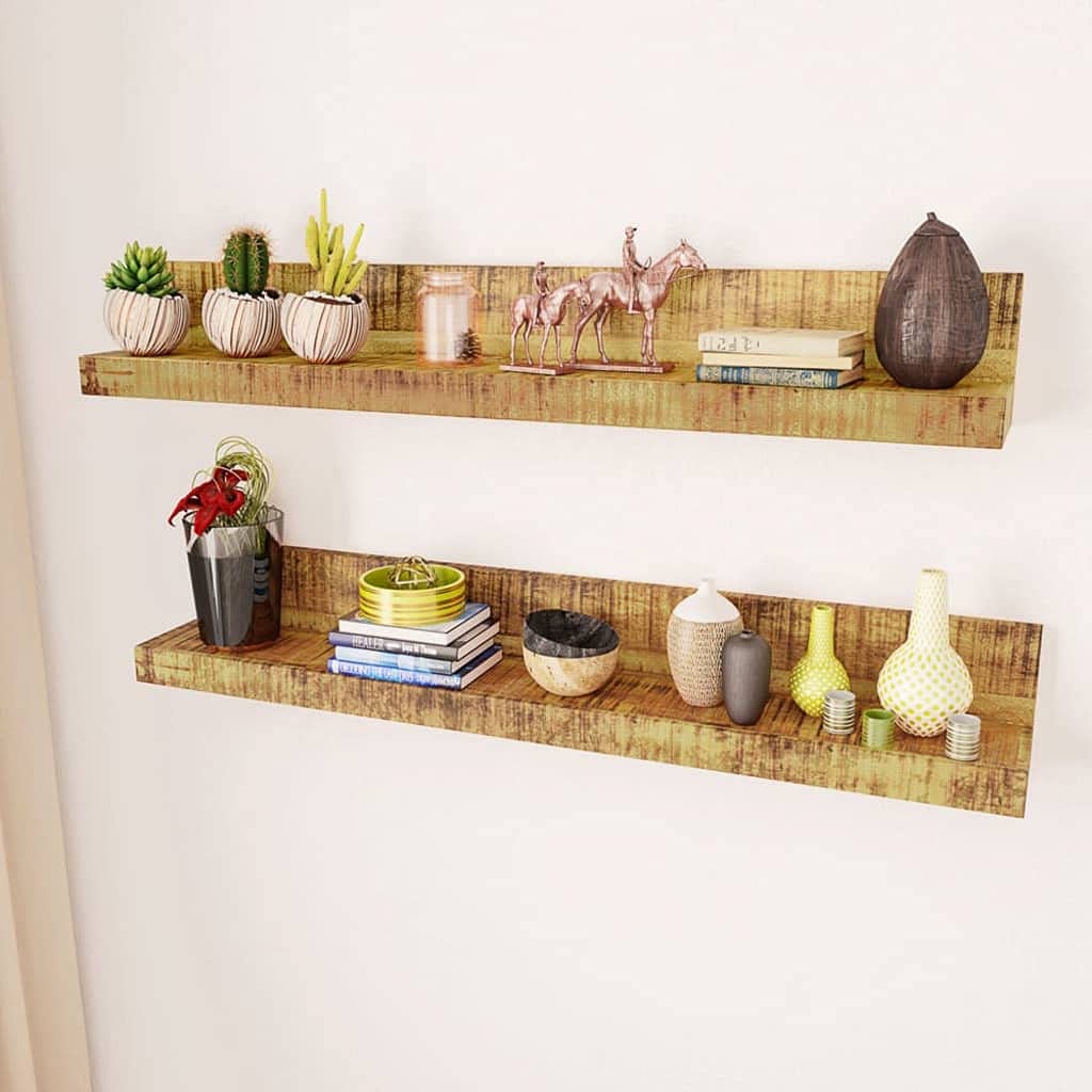 Solid Wood Wall Mounted Display Shelf Set of 2 - Floating Shelves for Home Decor - Natural Wood Wall Storage Shelves for Bedroom, Living Room, Bathroom & Kitchen - Perfect for Displaying Photos, Books & Decorative Items