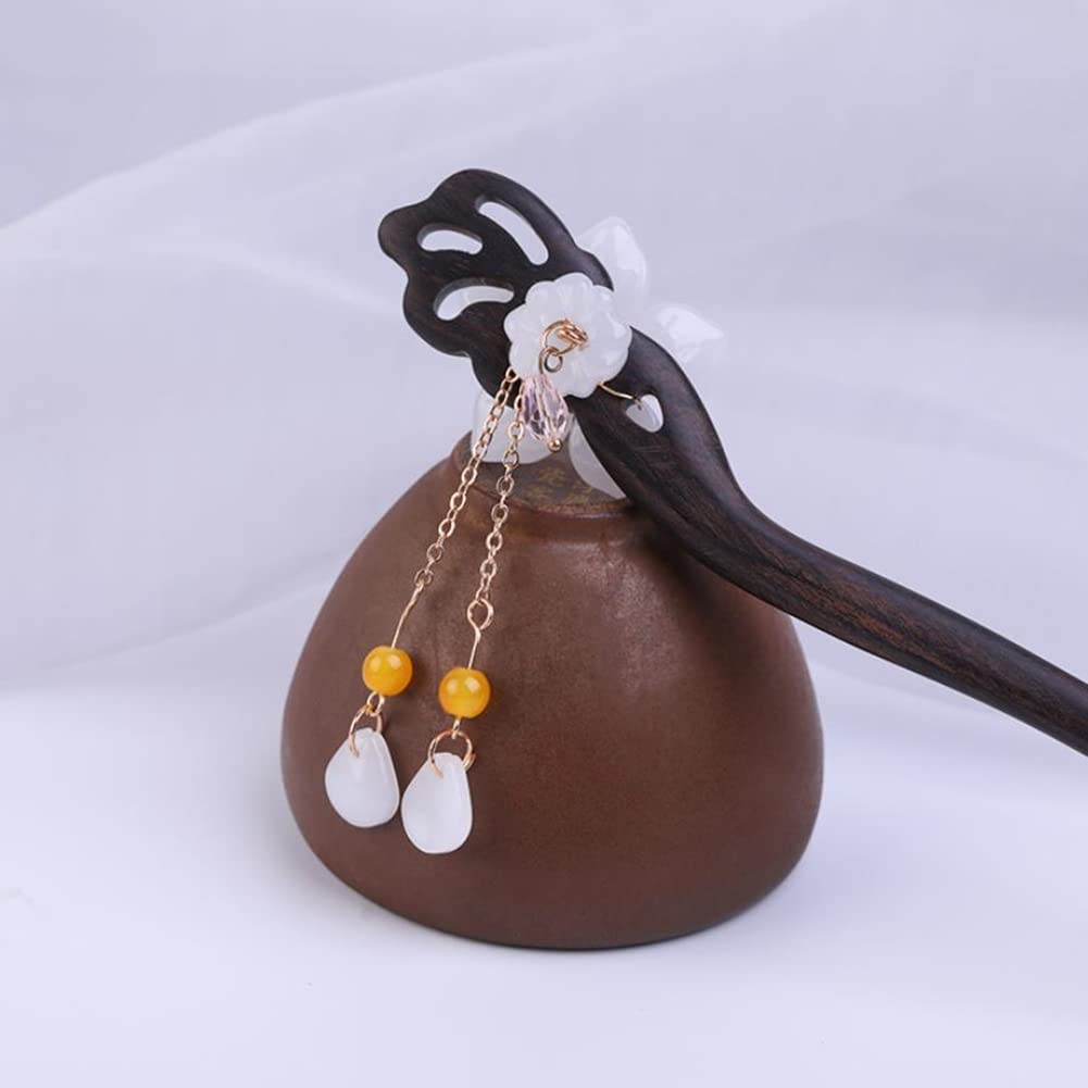 2 Pairs Handmade Wooden Hair Sticks with Floral Decor & Tassels - Chinese Japanese Style Hair Chopsticks for Women & Girls - Perfect for Hanfu, Chignons, Long & Curly Hair Styling - Wedding, Cosplay & Traditional Occasions