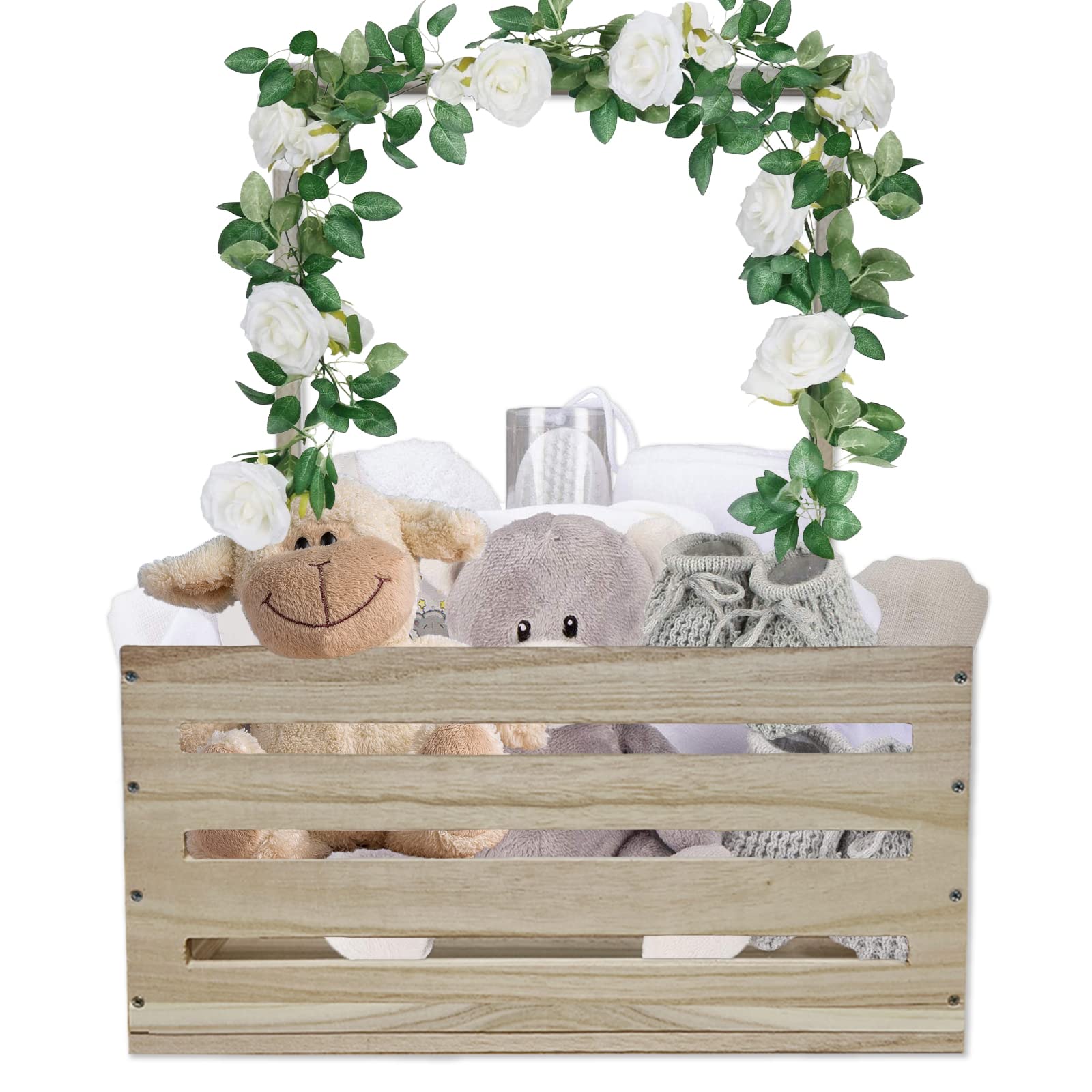 Wooden Baby Shower Gift Crate with Handle - Large Storage Basket for Newborn Boys & Girls - Perfect Baby Shower, Pregnancy & Welcome Gifts for New Parents - Nursery Organization & Home Decor