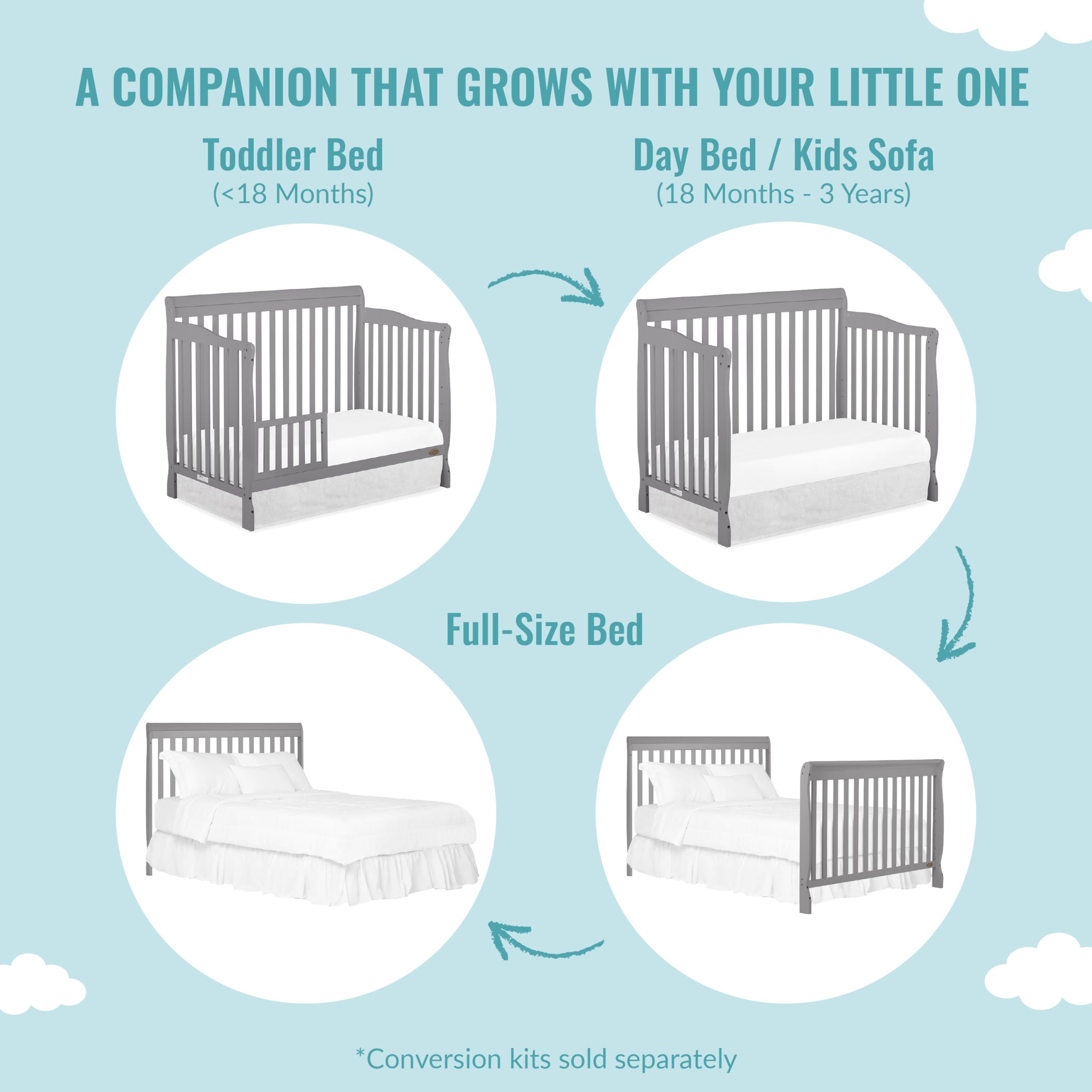 Dream On Me Ashton 4-in-1 Convertible Crib - Storm Grey | GREENGUARD Gold & JPMA Certified | Non-Toxic Solid Pinewood | 4 Adjustable Mattress Heights | Nursery & Baby Room Essential