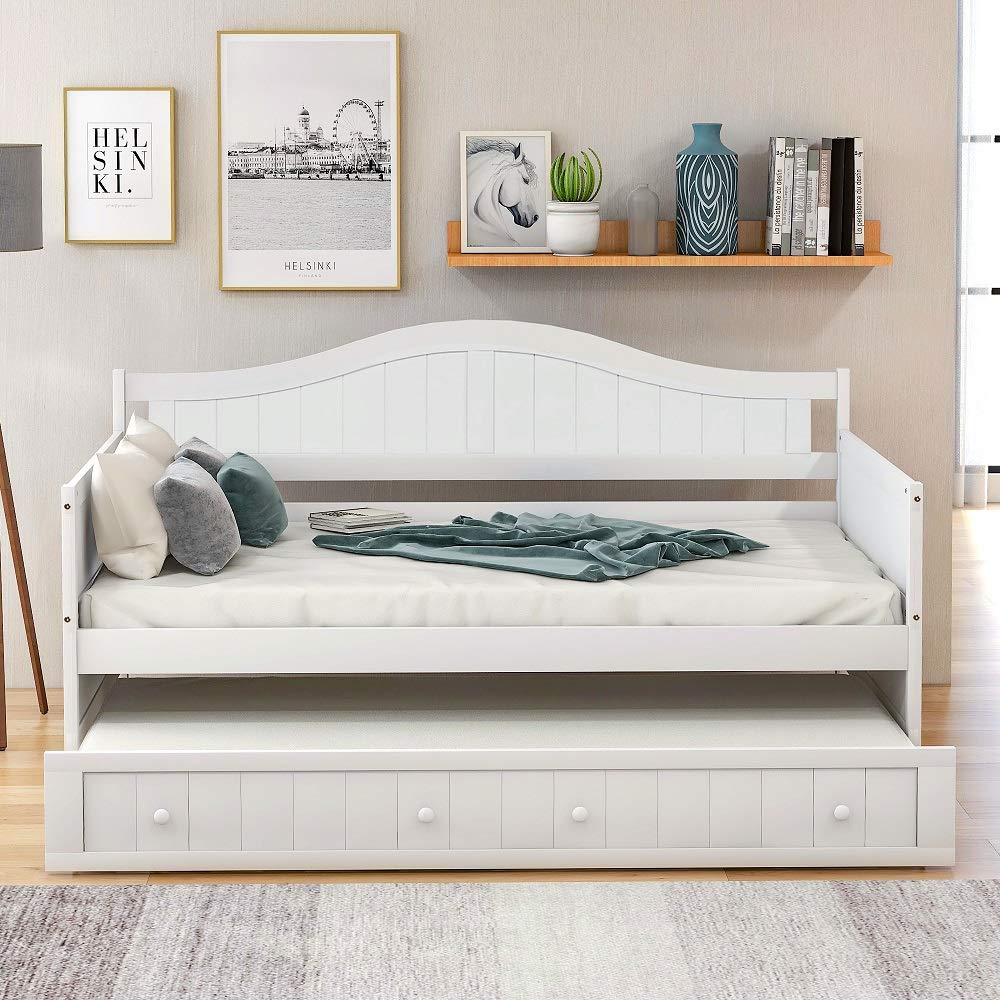 Rhomtree Twin Size Daybed with Trundle - Solid Wood Bed Frame with Backrest for Adults, Teens & Kids - Guest Bedroom & Living Room Furniture - Convertible Sofa Bed (White) - Perfect for Small Spaces, Sleepovers & Multi-Functional Rooms