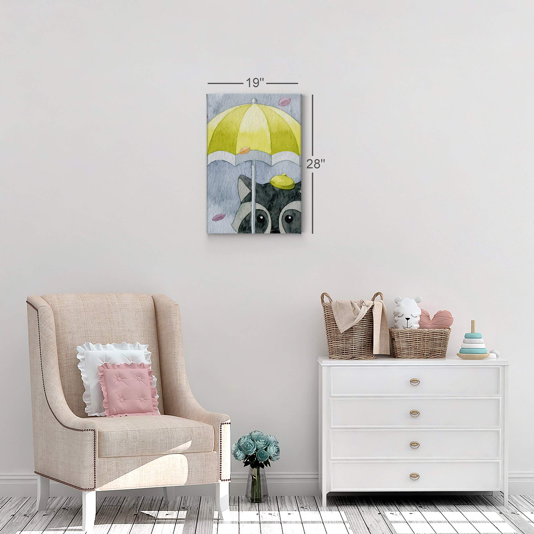 Smile Art Design Cute Raccoon Umbrella Painting - Gray Background Autumn Theme Canvas Print - Kids Room Decor, Nursery Wall Art - Ready to Hang 36x24 - Made in USA - Perfect for Baby Shower Gifts & Children's Bedroom Decoration