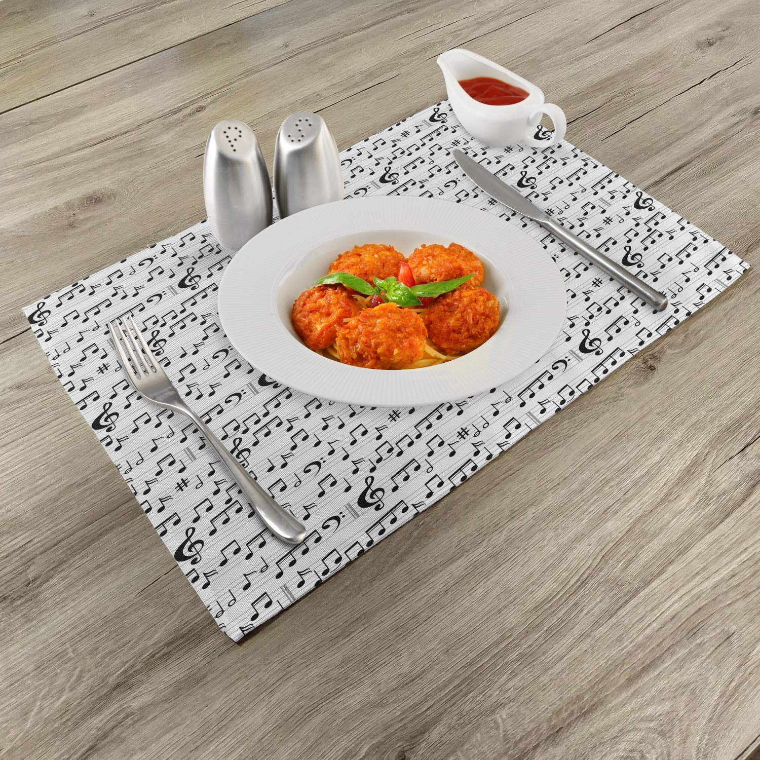 Ambesonne Music Themed Place Mats Set of 4 - Abstract Musical Notes & Clef Design Washable Fabric Table Mats for Dining Room & Kitchen Decor (Black & White) | Perfect for Music Lovers, Dinner Parties & Themed Home Decor