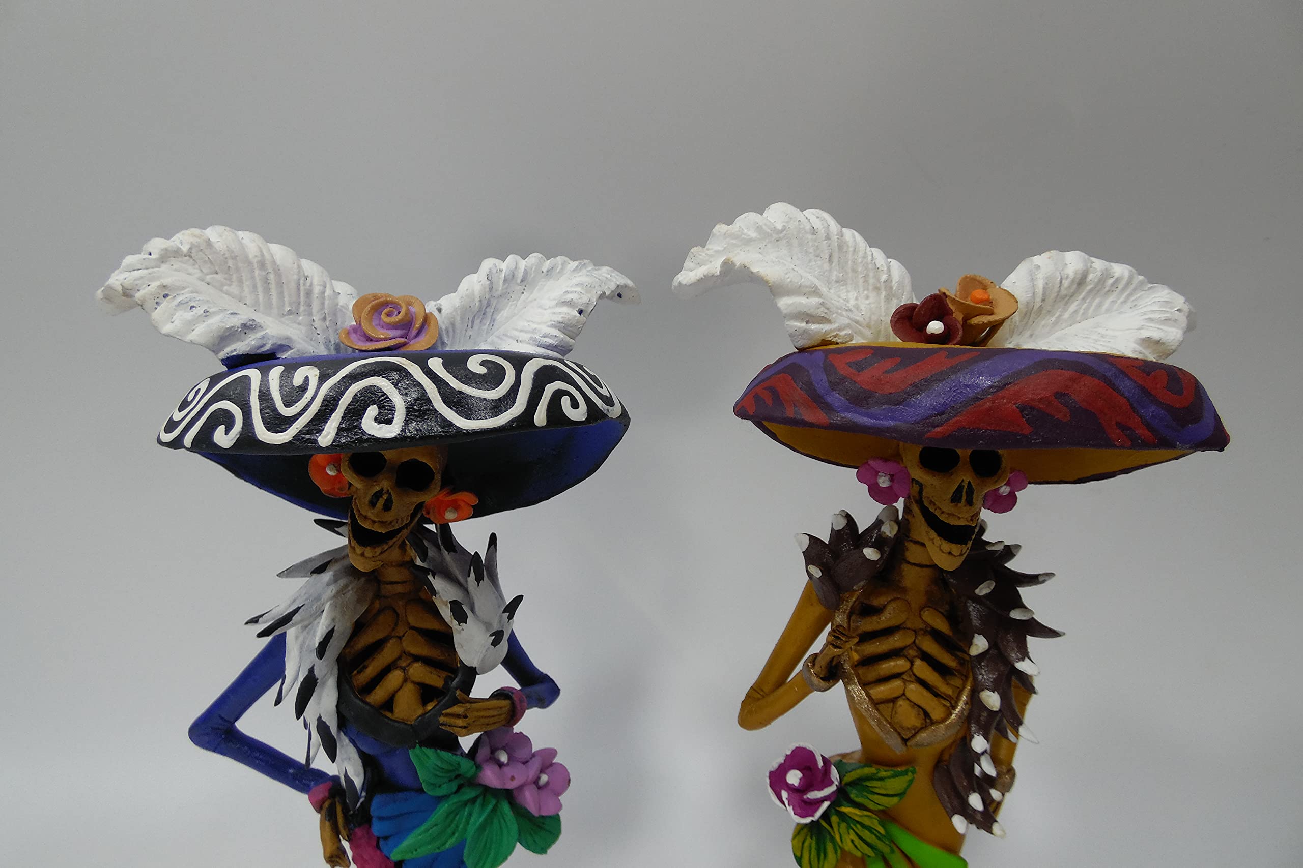 Set of 2 Handmade Mexican Day of the Dead Catrinas - 8 Inch Folk Art Fine Ceramic Decorations for Halloween, Dia de Muertos Altar & Home Decor