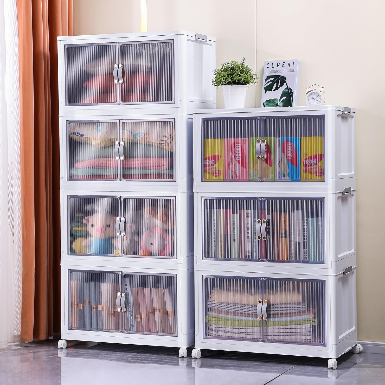 IMHO 132QT Stackable Storage Bins with Lids, Doors & Wheels - 32 Gallon Collapsible Plastic Storage Containers (3-Pack) for Closet Organization, Home Storage & Moving Supplies