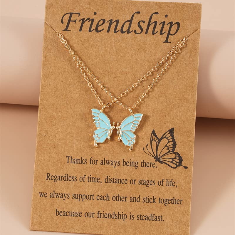 4-Piece Best Friend Necklace Set with Card - Cute Butterfly Matching Necklaces for Women - Long Distance Friendship Gifts - Birthday Present for Her - Perfect for Anniversaries, Valentine's Day & Sister Gifts