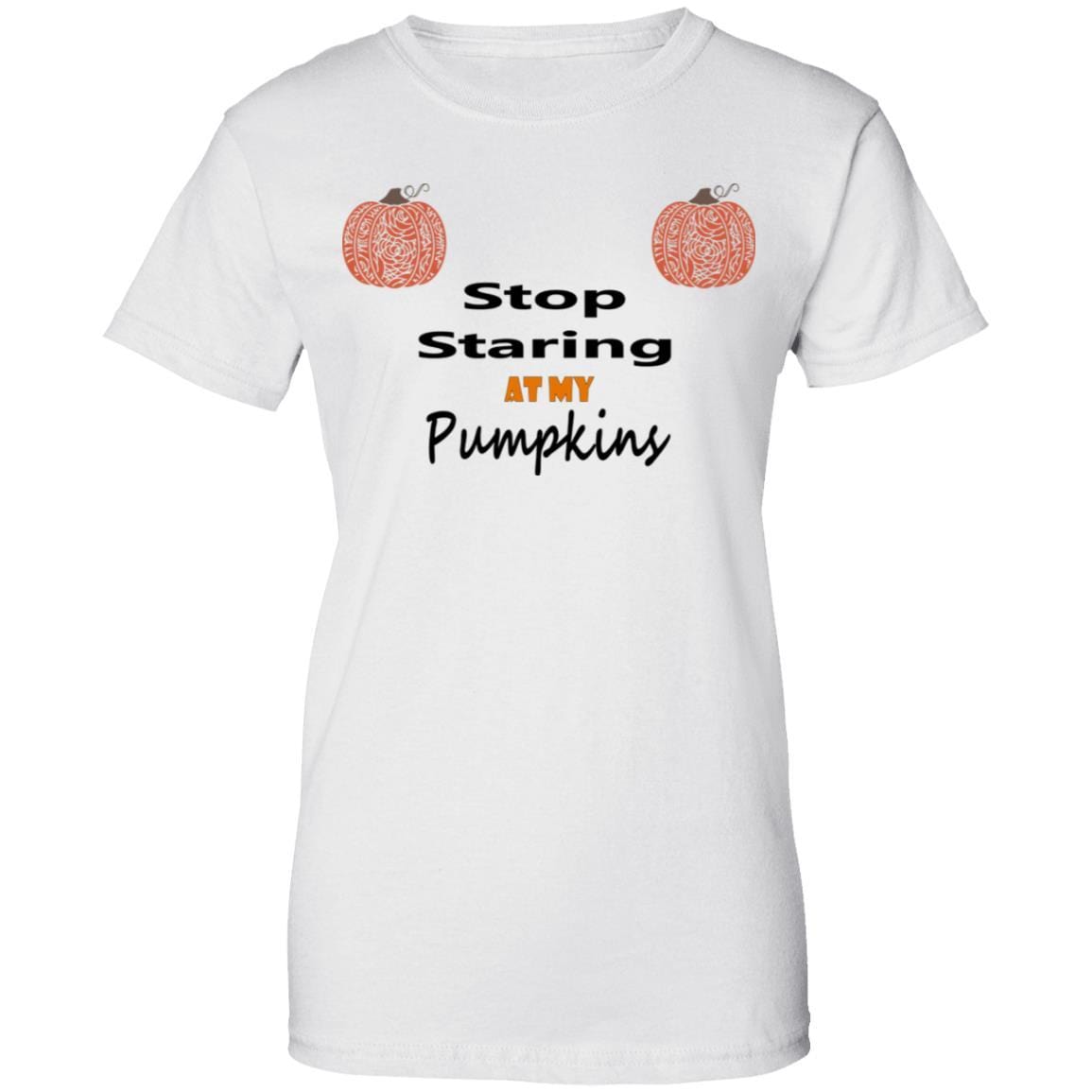 Stop Staring At My Pumpkins Women's 100% Cotton Graphic T-Shirt - Funny Fall Halloween Tee for Pumpkin Patch & Autumn Outings