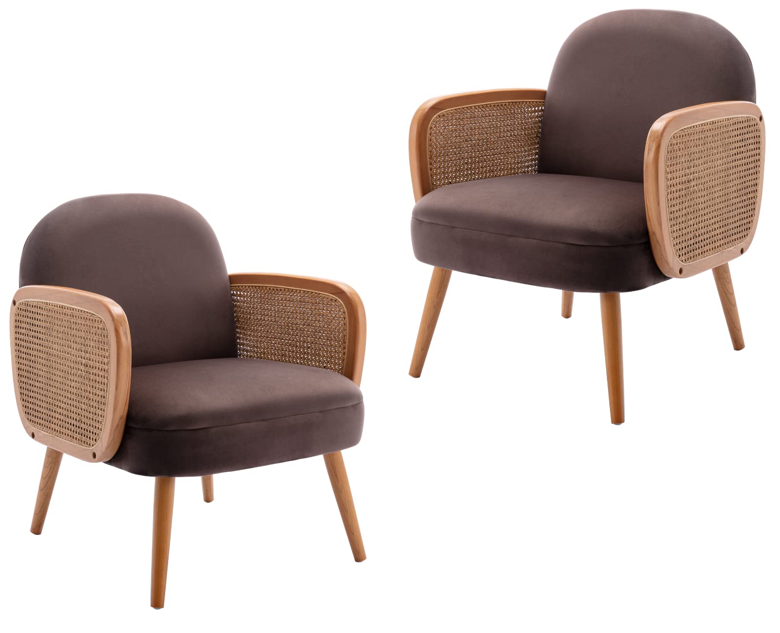 EALSON Velvet Accent Chairs Set of 2 - Mid Century Modern Armchairs with Rattan Armrests & Wood Legs for Living Room, Bedroom - Comfy Upholstered Reading Chairs (Brown) | Perfect for Lounge Areas, Home Offices & Cozy Reading Nooks