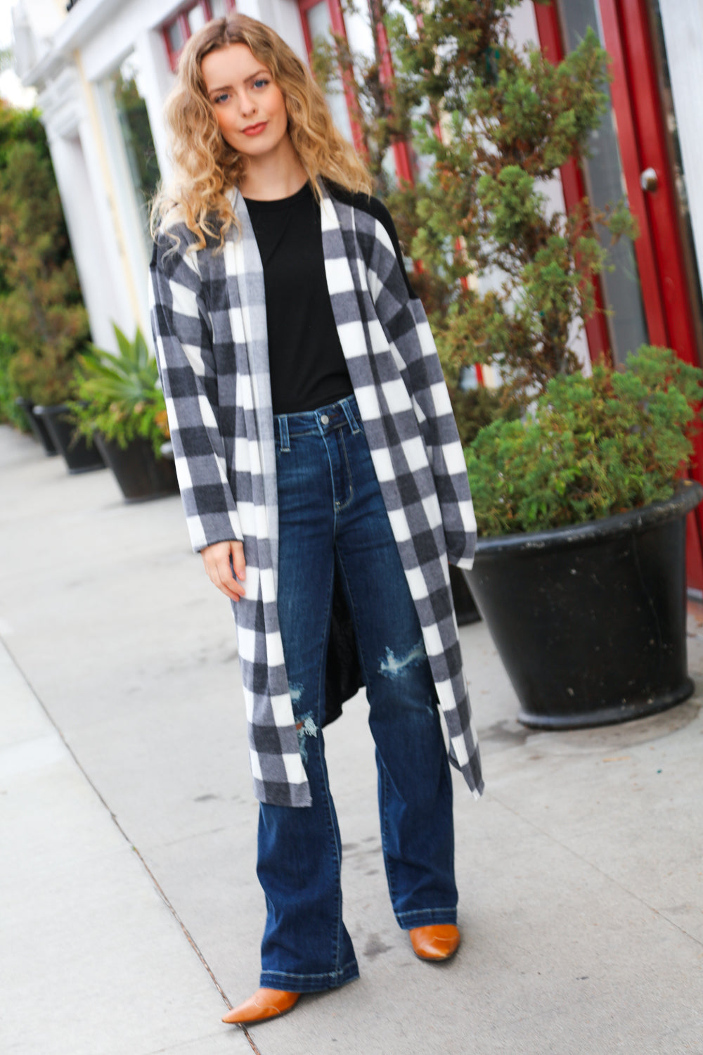 Black Buffalo Plaid Hacci Cardigan for Women - Soft & Cozy Oversized Sweater | Perfect for Fall & Winter Outfits, Casual Wear, and Layering