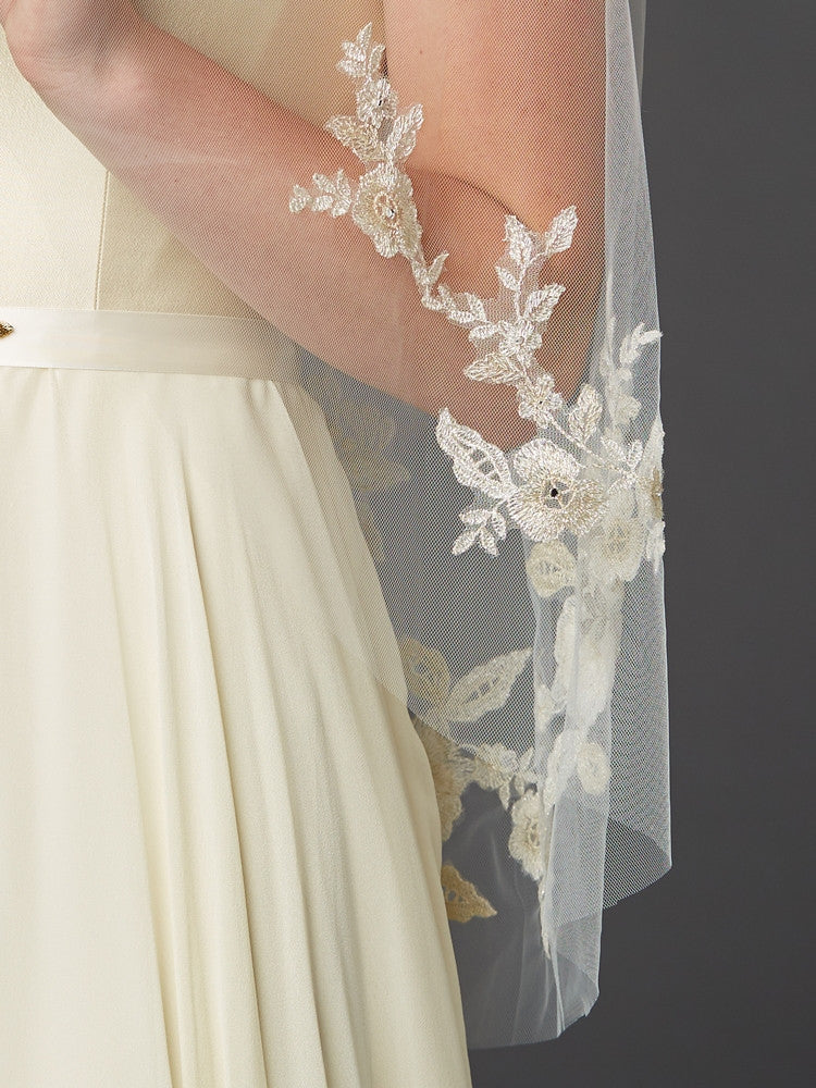 Elegant Gold and Silver Embroidered Floral Lace Wedding Veil - Perfect for Bridal Accessories, Ceremonies & Special Occasions