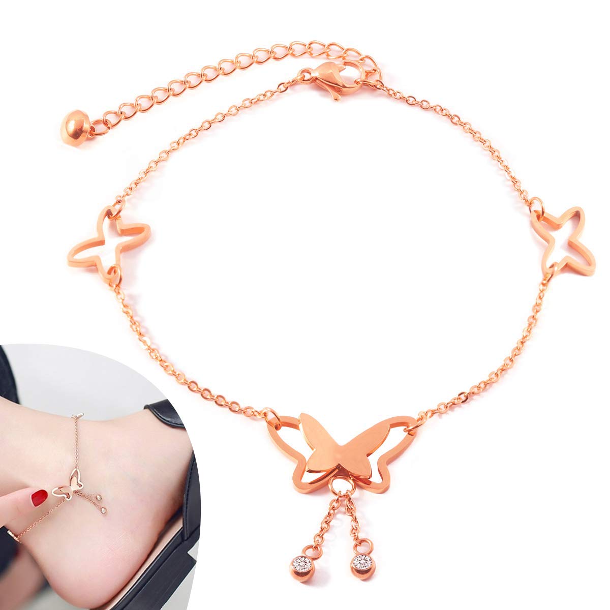 Elegant Hollow Butterfly Anklet with Shining Tassel Design - Adjustable Rose Gold Plated Foot Jewelry (21+5 cm) for Beach Parties, Summer Outfits & Barefoot Fashion Accessories