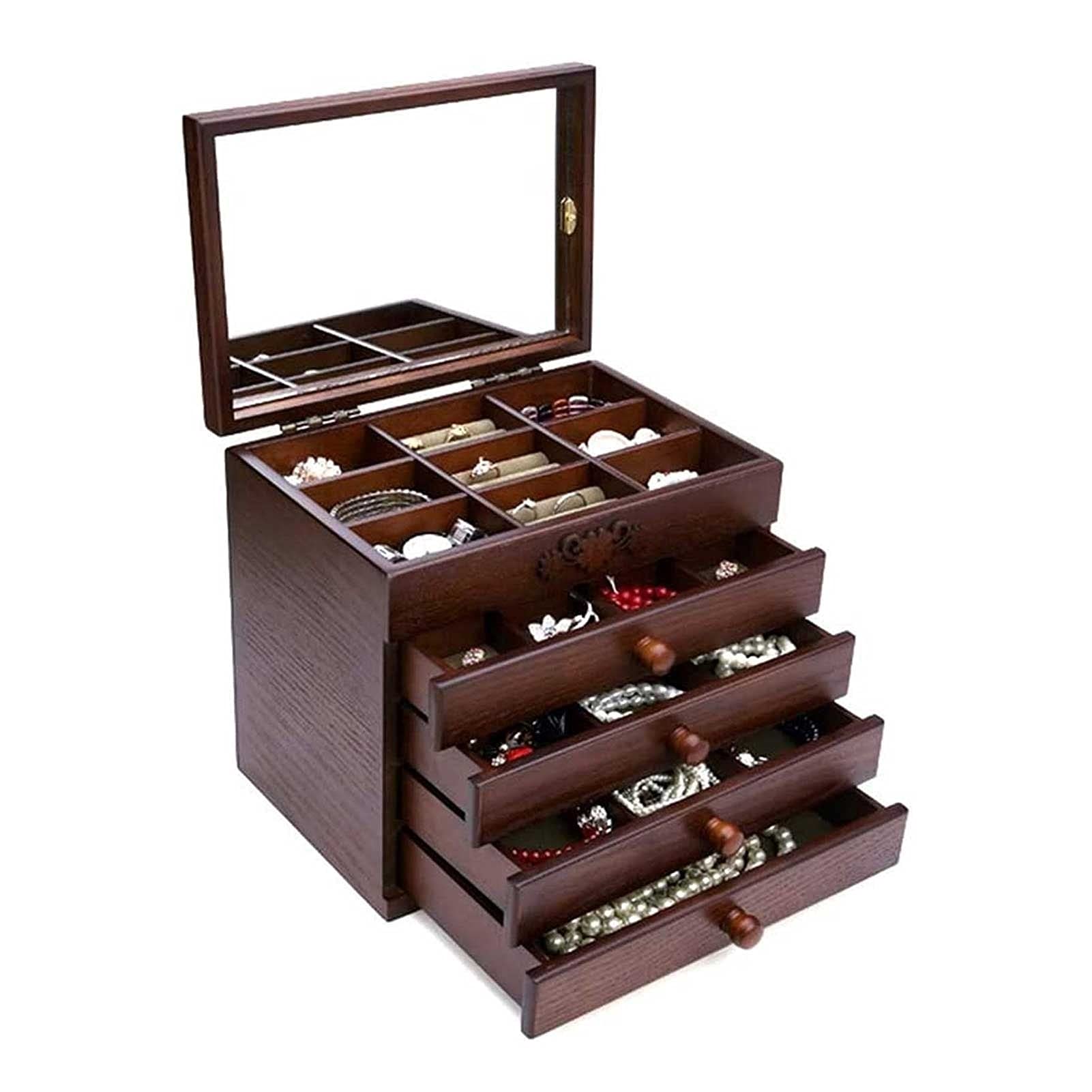 Wooden Jewelry Box with 4 Drawers & Large Mirror - Lockable Storage Organizer for Rings, Earrings, Necklaces, Bracelets - Perfect Gift for Women, Mothers & Girls - Ideal for Bedroom Vanity, Travel & Wedding Jewelry Organization
