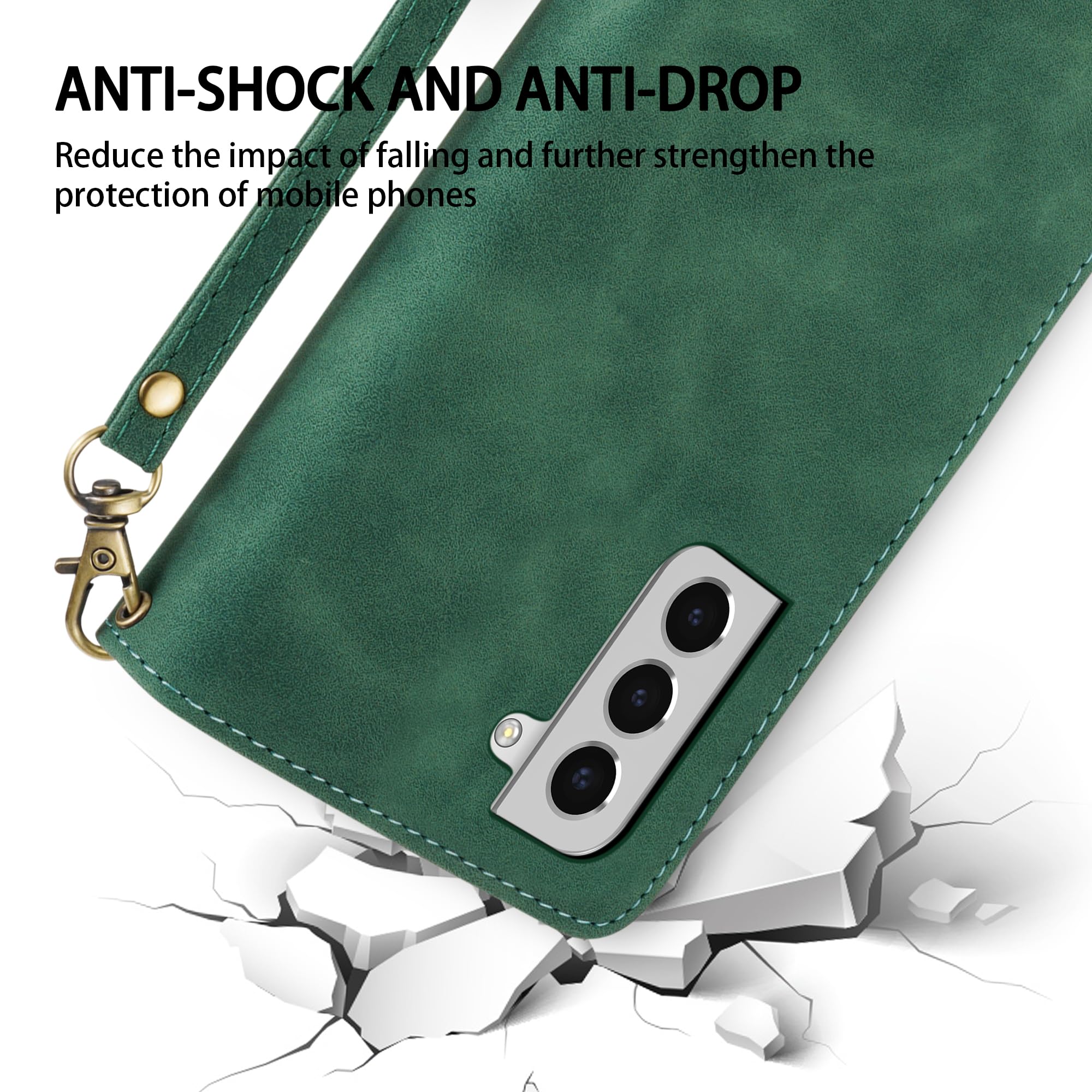 Premium Soft PU Leather Zipper Flip Wallet Case for Samsung Galaxy S22 Plus (6.6 Inch) - Card Slots, Wrist Strap & Kickstand | Protective Folio Cover for Everyday Use, Travel & Business (Green)