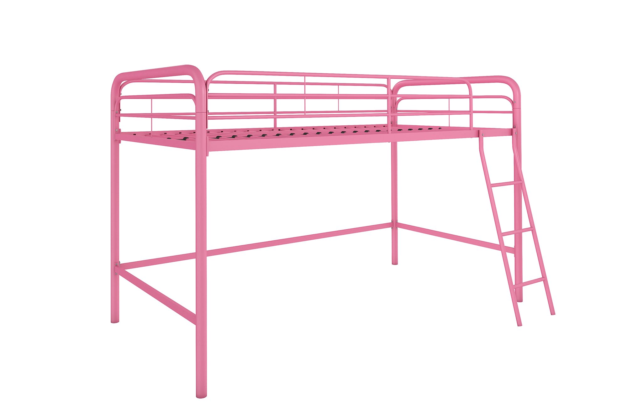 DHP Jett Junior Twin Metal Loft Bed with Ladder, Pink - Space-Saving Kids Bedroom Furniture for Small Rooms & Dorm Rooms