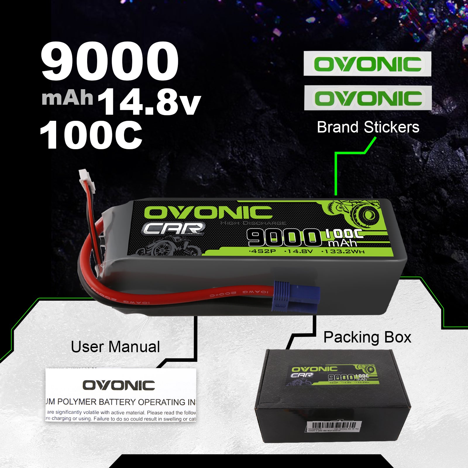 Ovonic 100C 9000mAh 14.8V 4S LiPo Battery with EC5 Connector - High Performance RC Battery for 1/5 & 1/8 Scale RC Cars, Monster Trucks, Buggies - Perfect for Racing, Off-Roading and Long Runtime RC Adventures
