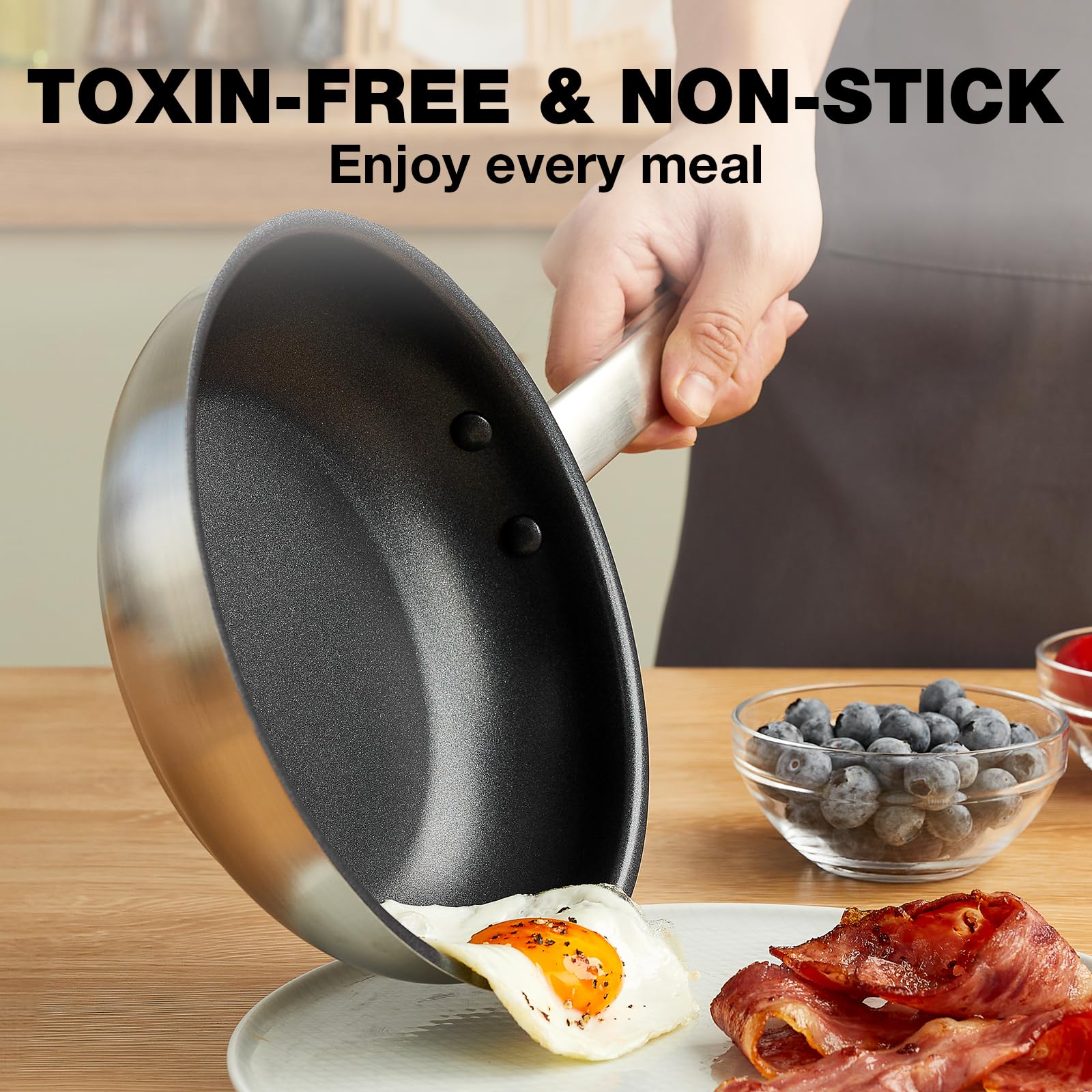 KOCH SYSTEME CS 10 Inch Stainless Steel Frying Pan - Non-Toxic, Nonstick Coating, Induction Compatible & Oven Safe - Professional Cookware for Home Chefs - Perfect for Searing, Sauteing & Baking