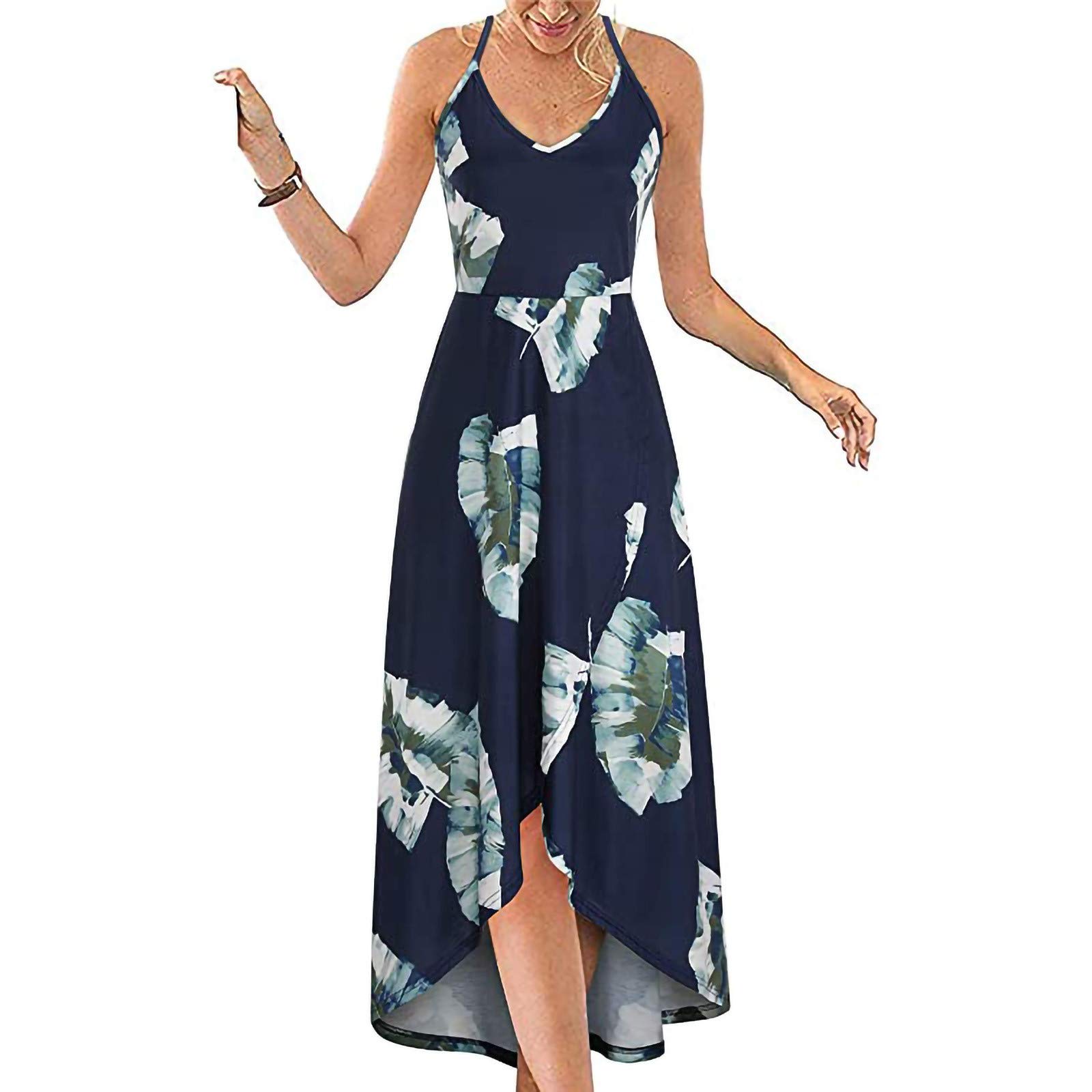 Women's Summer Floral Maxi Dress - V Neck Sleeveless Open Back Asymmetrical Long Sundress for Beach, Vacation & Outdoor Parties