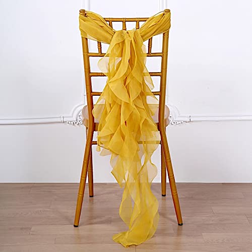50 Mustard Yellow Premium Curly Chiffon Chair Covers with Sashes - Elegant Wedding, Party & Reception Decorations - Perfect for Banquet Halls, Church Ceremonies & Outdoor Events