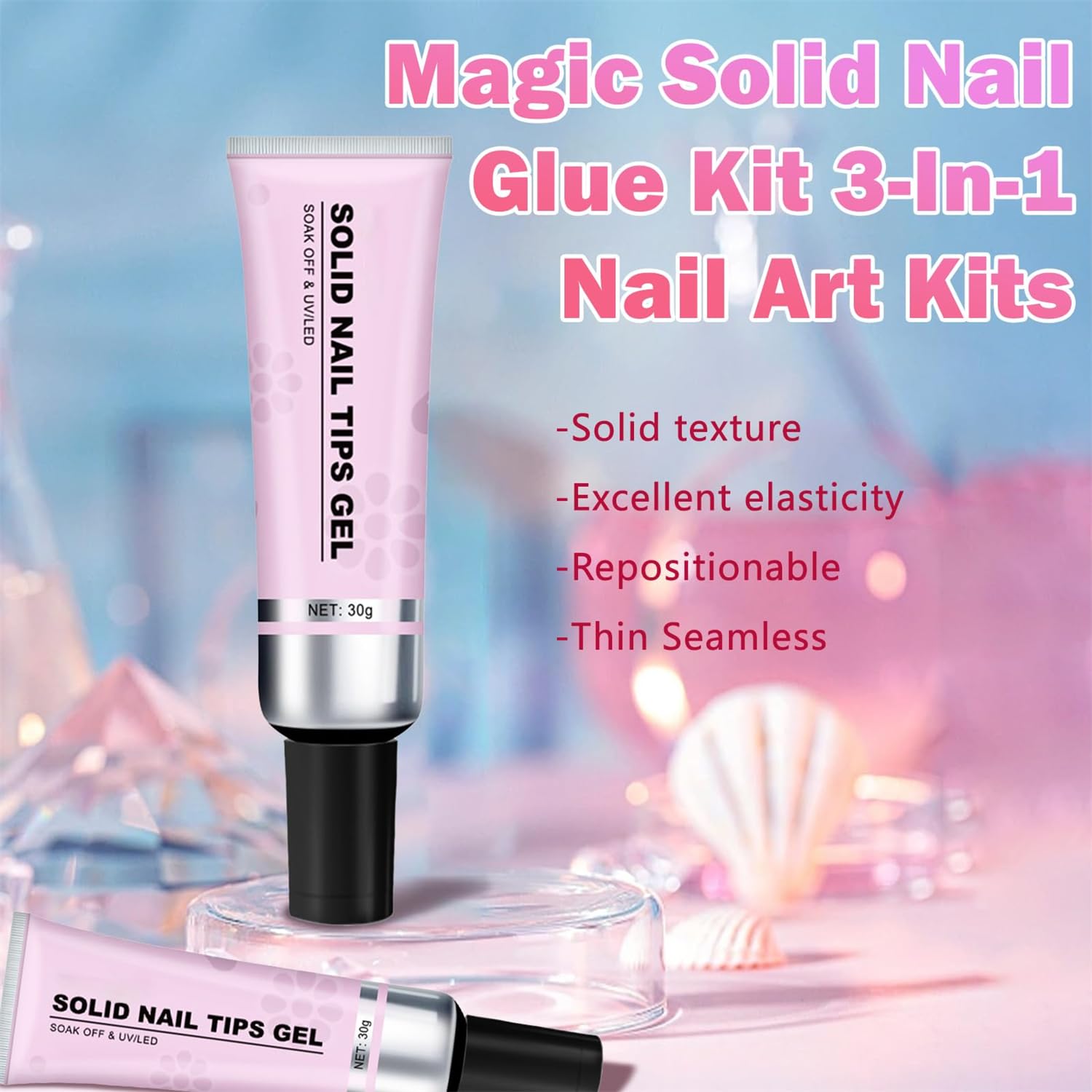 Magic Solid Nail Glue Kit - 3-in-1 Nail Art Set with Solid Nail Glue Gel & Press On Nails for Professional Salon & DIY Home Manicures