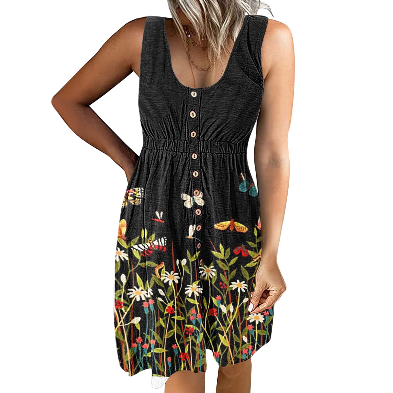 Women's Casual Sleeveless V-Neck Vest Dress with Pockets - Summer Beach Dress, Lounge Dress for Vacation, Pool Party & Outdoor Activities