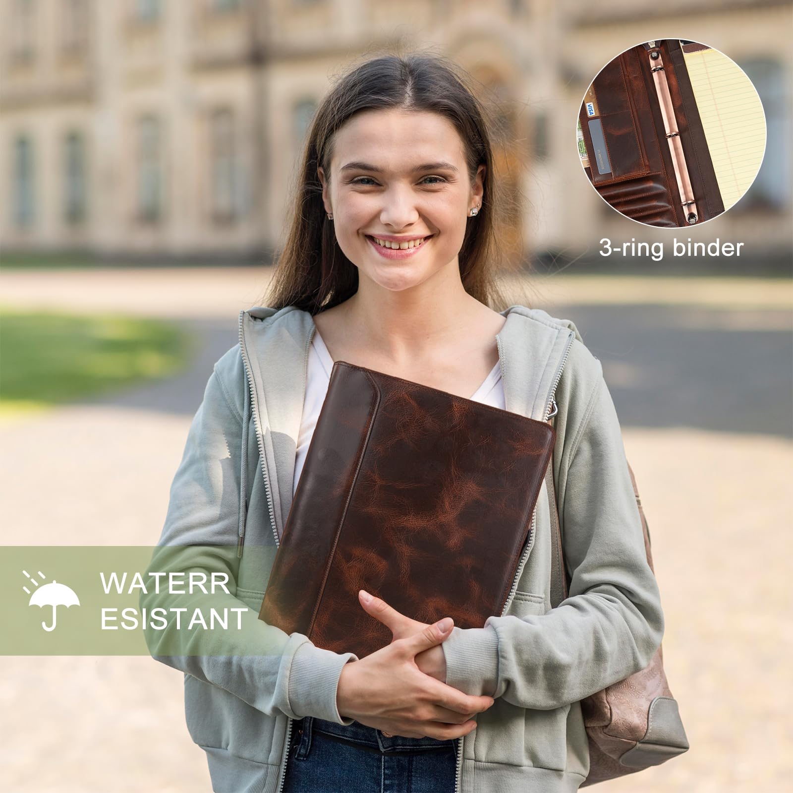 Personalized Leather Binder Portfolio with Free Engraved Name - Handmade 3 Ring Zippered Padfolio for Men & Women - Custom A4 Document Organizer & Resume Holder - Oil Wax Leather Business Folder for Office, Meetings, and Professional Presentations