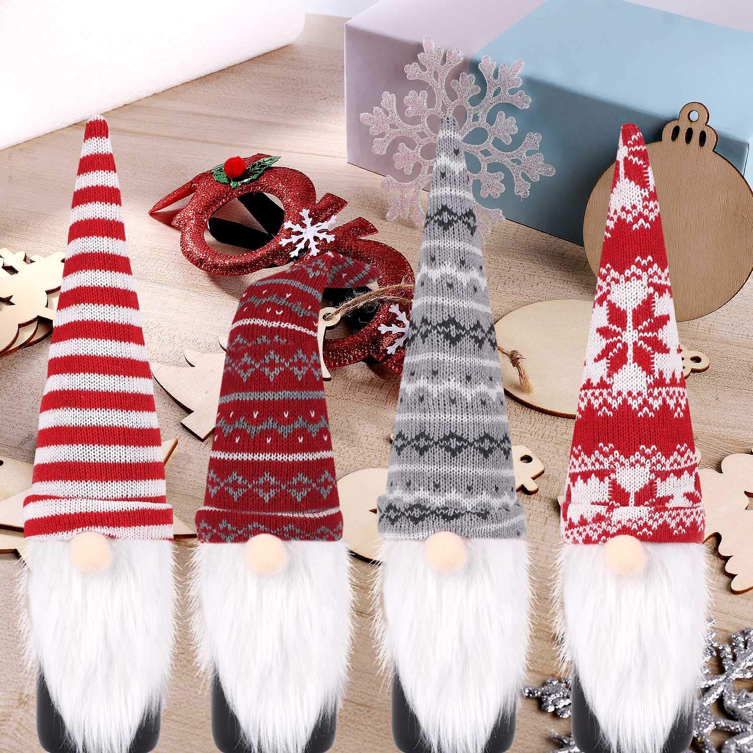 Handmade Swedish Gnome Wine Bottle Cover - Christmas Tomte Decorative Toppers & Reusable Gift Bags (4 Pack) for Holiday Parties, Home Decor & Festive Gifting